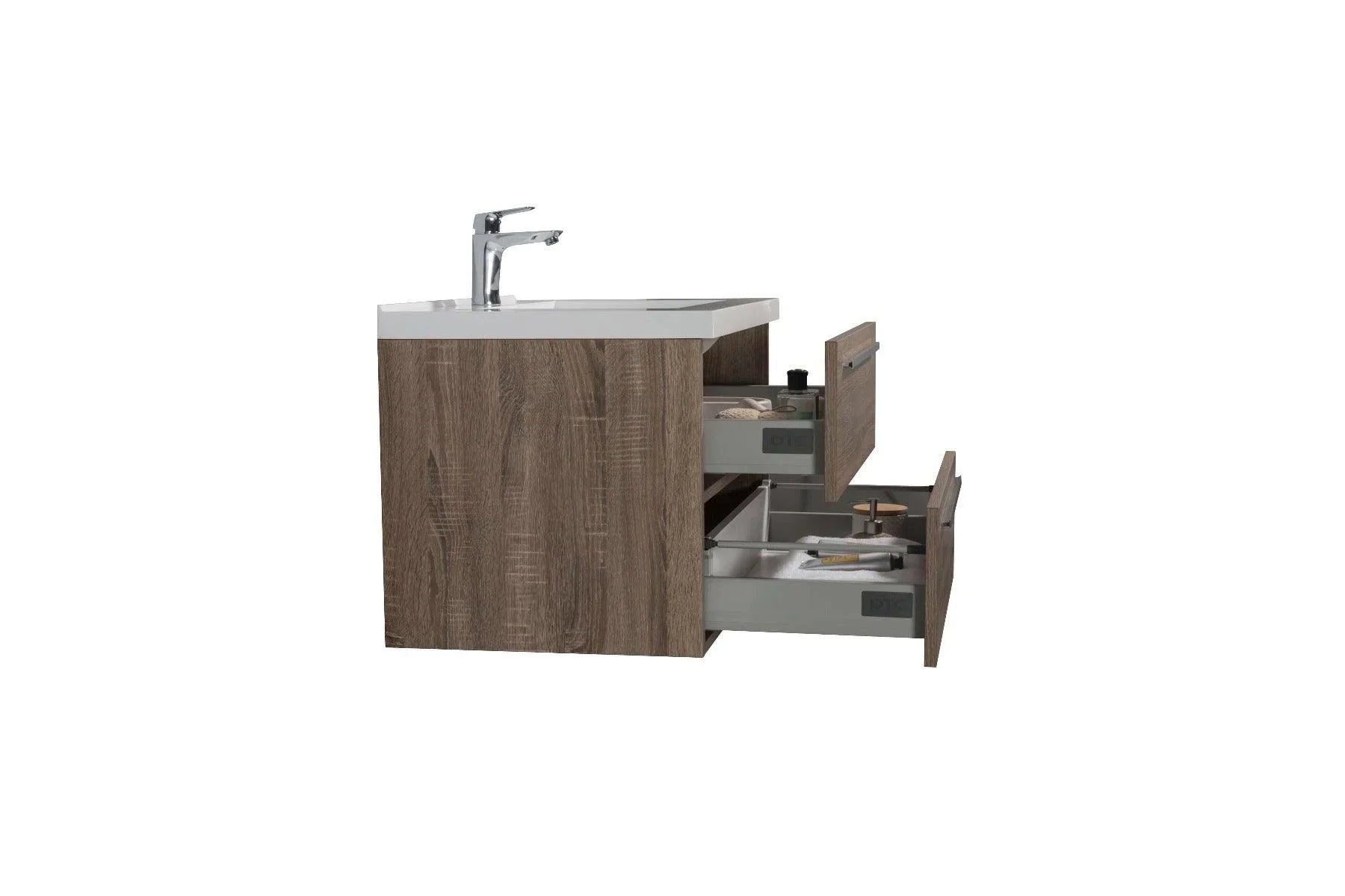 30" Soft Oak Wall Mount Bathroom Vanity with White Polymarble Countertop-Migration_Bathroom Vanities-DECOROLALA