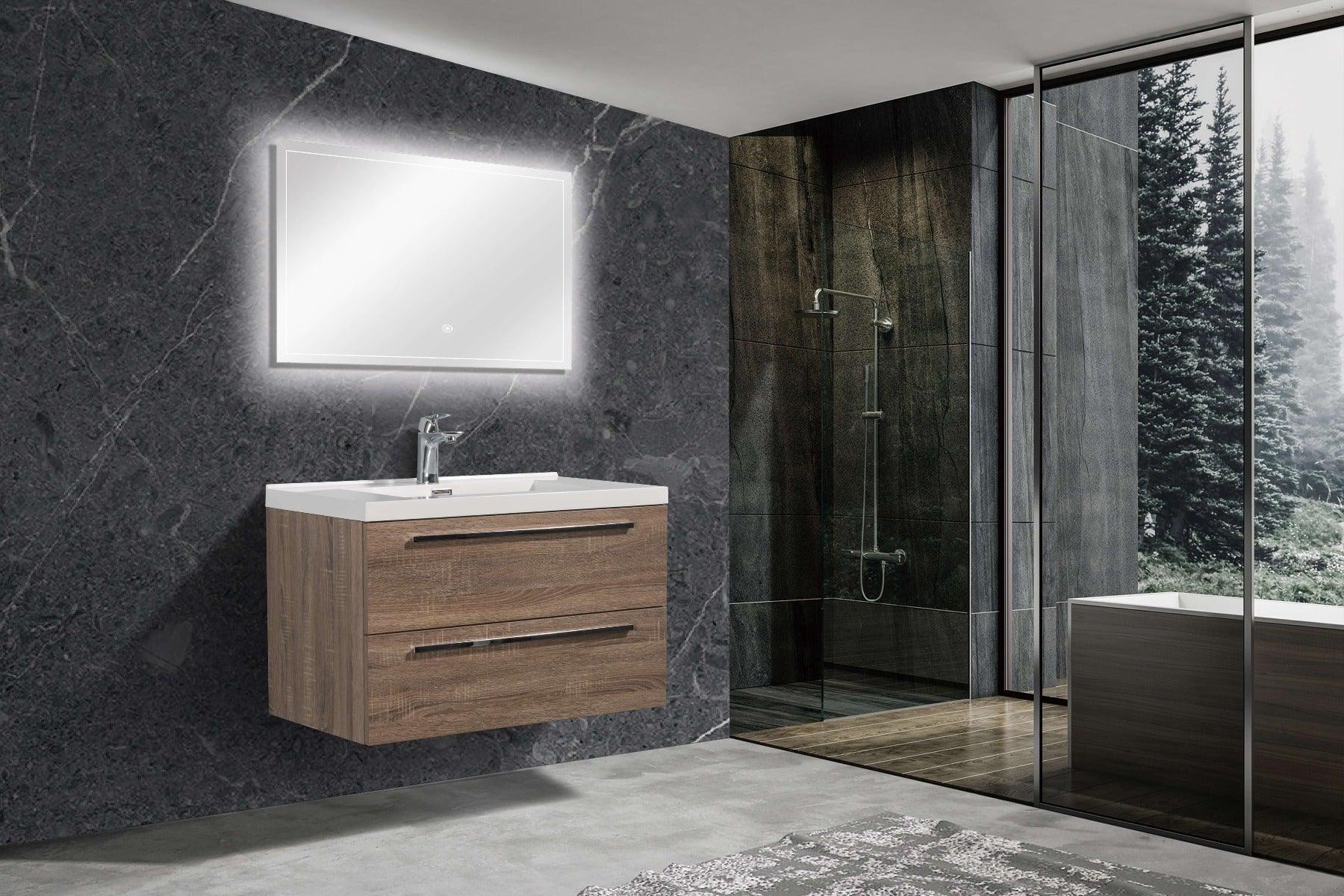 30" Soft Oak Wall Mount Bathroom Vanity with White Polymarble Countertop-Migration_Bathroom Vanities-DECOROLALA