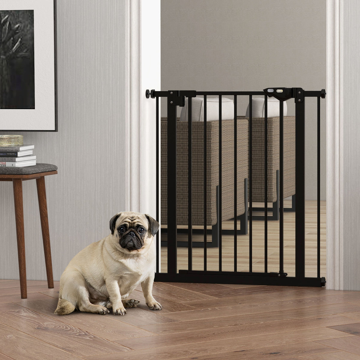 30" Tall Pressure-Mounted Metal Pet Gate with Door - Black-Dogs-DECOROLALA