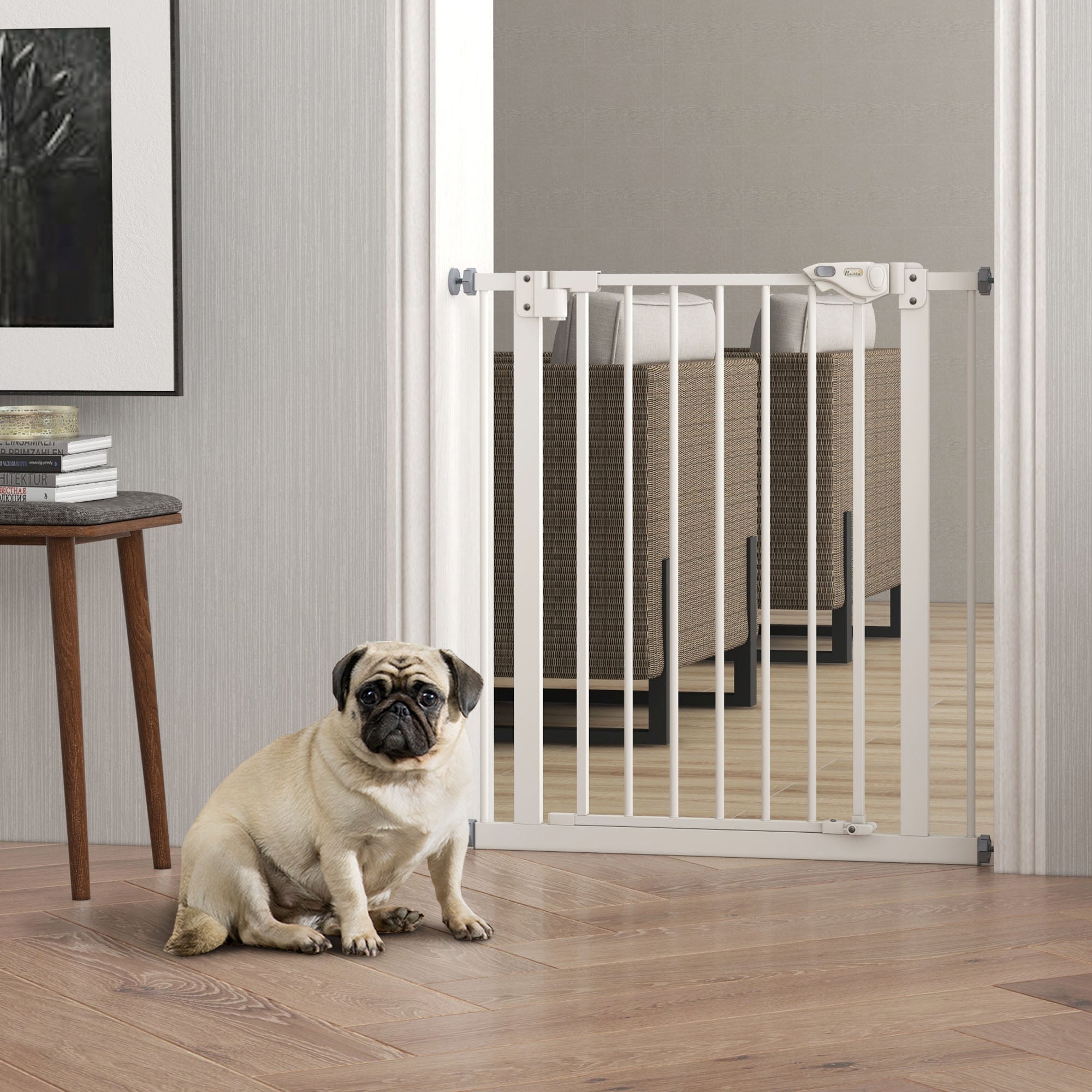 30" Tall Pressure-Mounted Pet Gate with Door - White Metal-Dogs-DECOROLALA