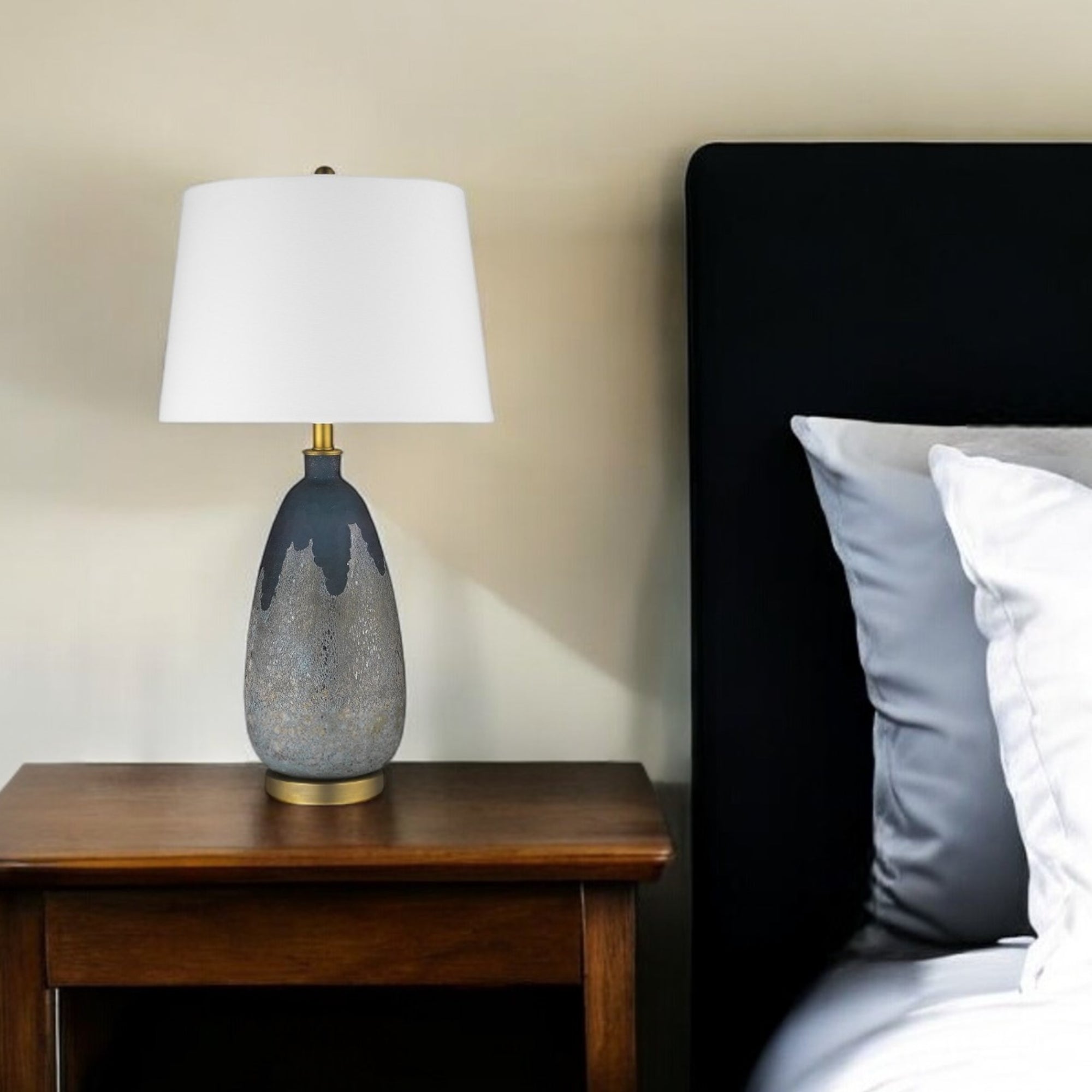 30" Teal Blue Concrete Table Lamp With Cream Empire Shade-Table Lamps-DECOROLALA