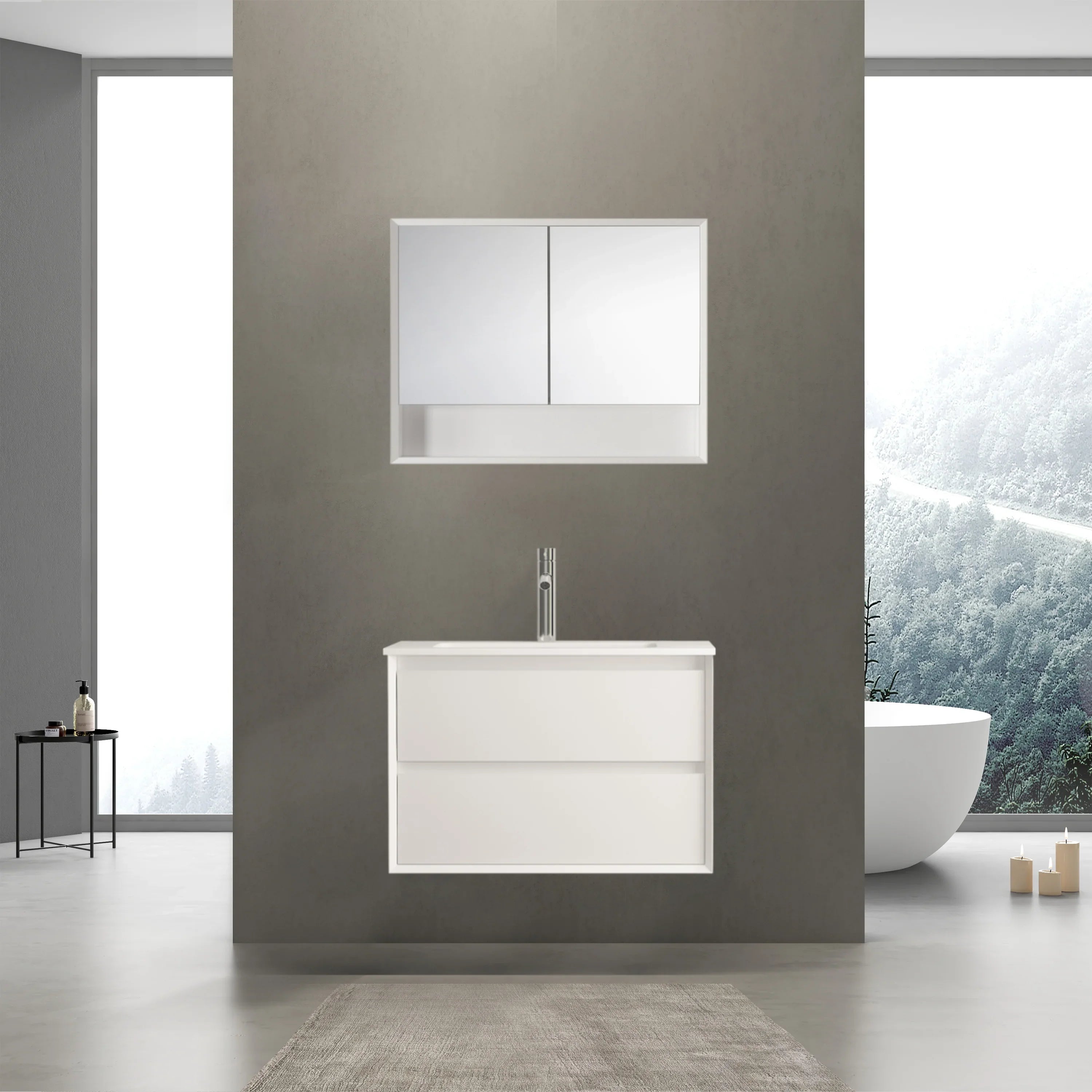 30" Matte White Wall Mount Bathroom Vanity with White Ceramic Countertop
