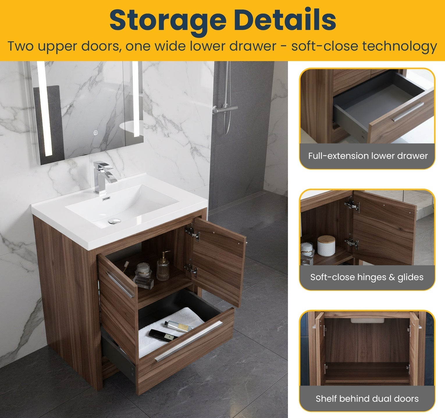 30" Walnut Freestanding Bathroom Vanity with White Polymarble Countertop-Migration_Bathroom Vanities-DECOROLALA