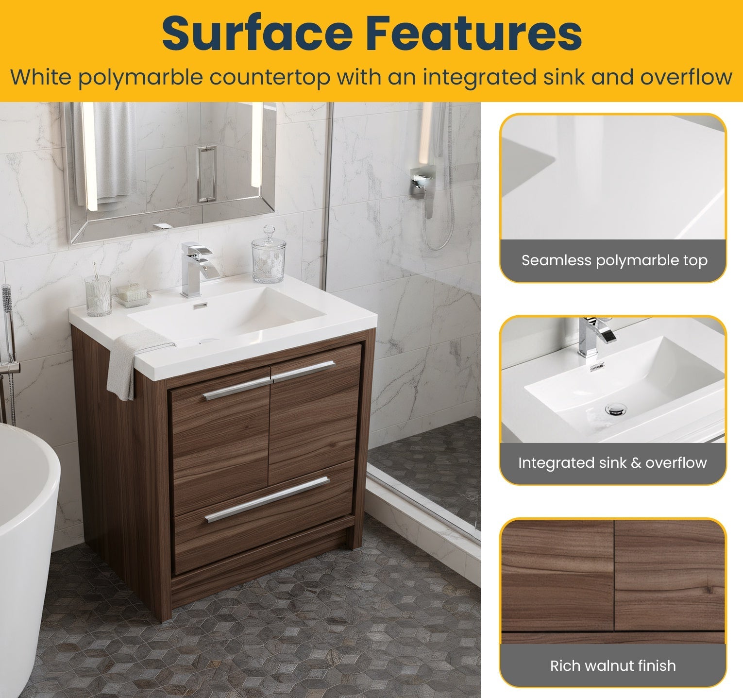 30" Walnut Freestanding Bathroom Vanity with White Polymarble Countertop-Migration_Bathroom Vanities-DECOROLALA