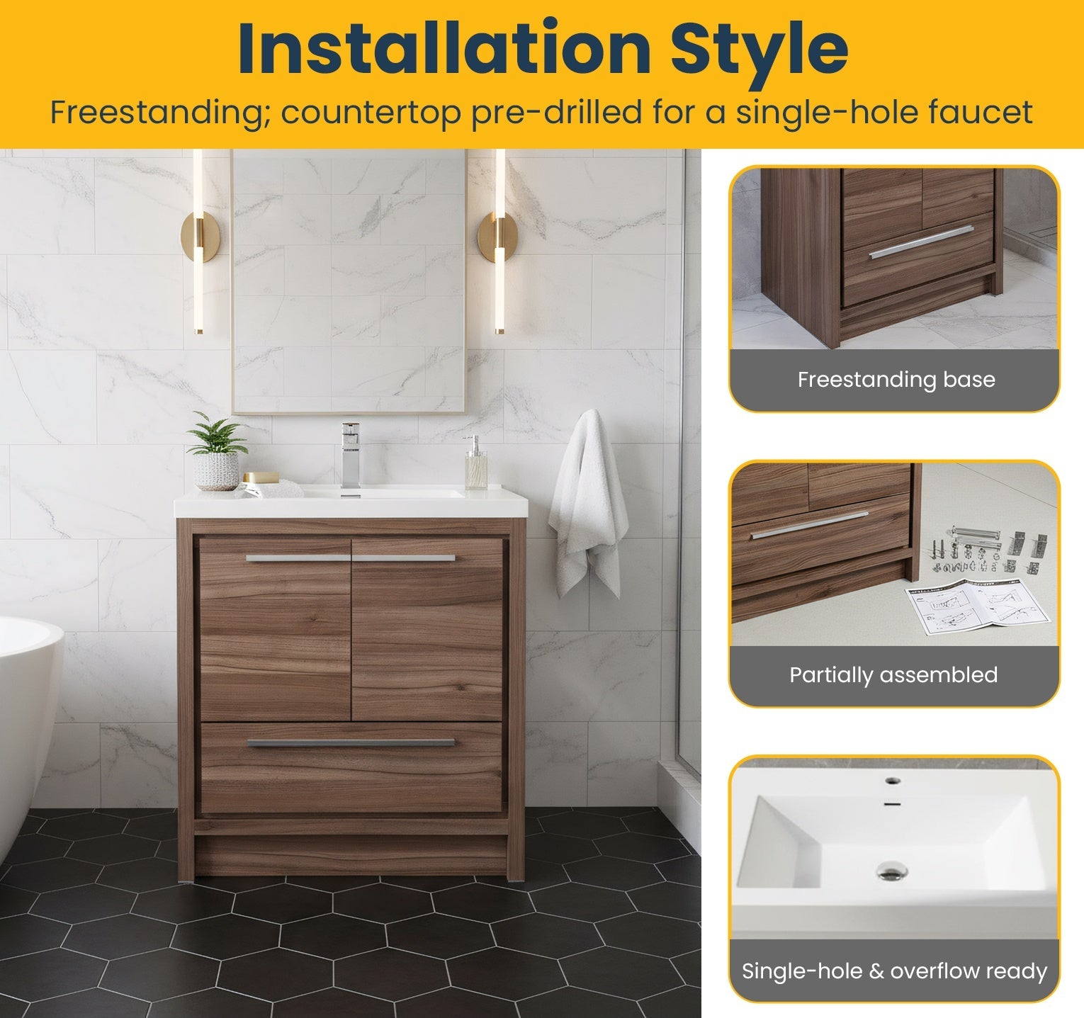 30" Walnut Freestanding Bathroom Vanity with White Polymarble Countertop-Migration_Bathroom Vanities-DECOROLALA