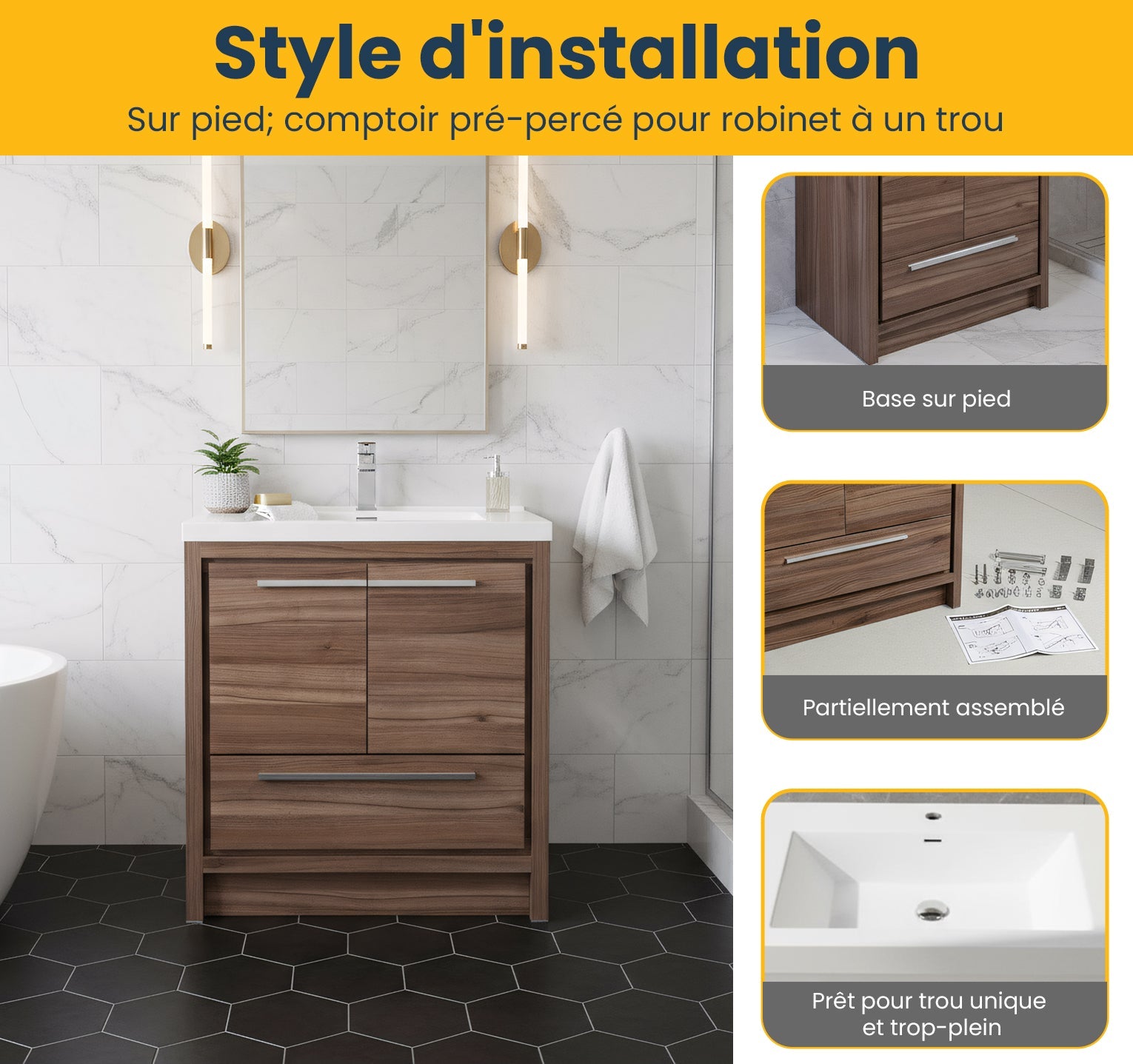 30" Walnut Freestanding Bathroom Vanity with White Polymarble Countertop-Migration_Bathroom Vanities-DECOROLALA