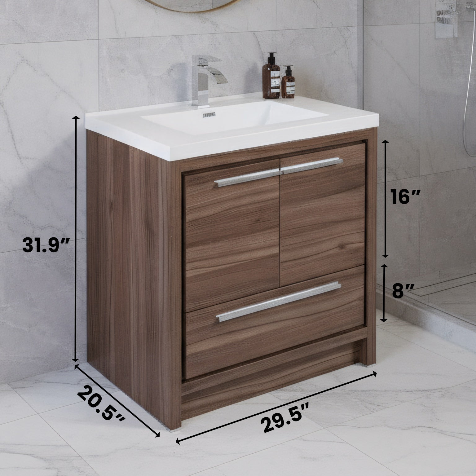 30" Walnut Freestanding Bathroom Vanity with White Polymarble Countertop-Migration_Bathroom Vanities-DECOROLALA