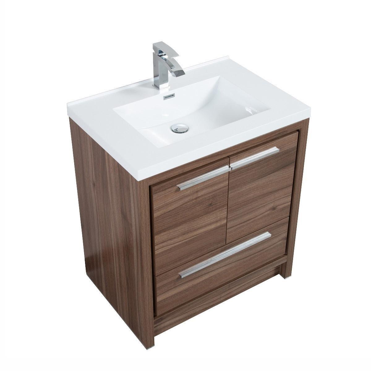 30" Walnut Freestanding Bathroom Vanity with White Polymarble Countertop-Migration_Bathroom Vanities-DECOROLALA