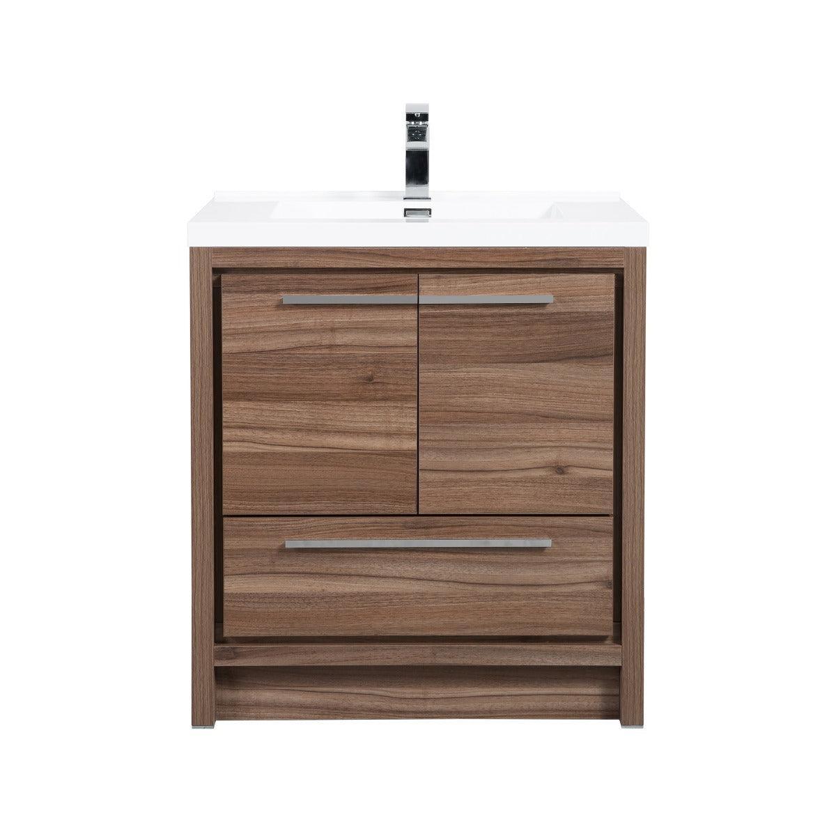 30" Walnut Freestanding Bathroom Vanity with White Polymarble Countertop-Migration_Bathroom Vanities-DECOROLALA