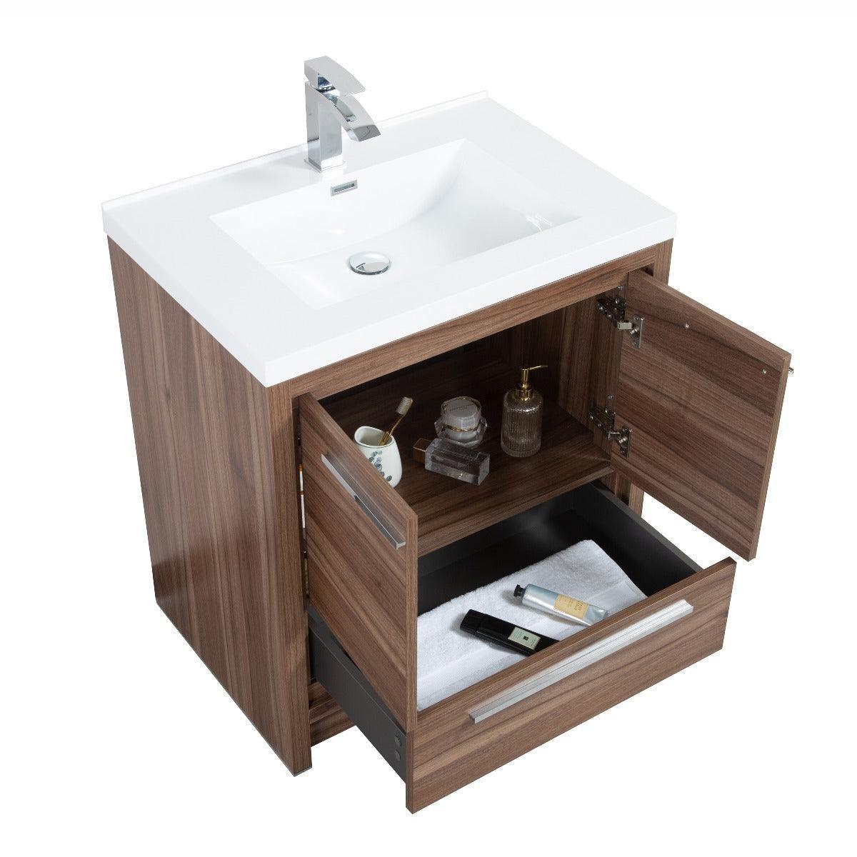 30" Walnut Freestanding Bathroom Vanity with White Polymarble Countertop-Migration_Bathroom Vanities-DECOROLALA