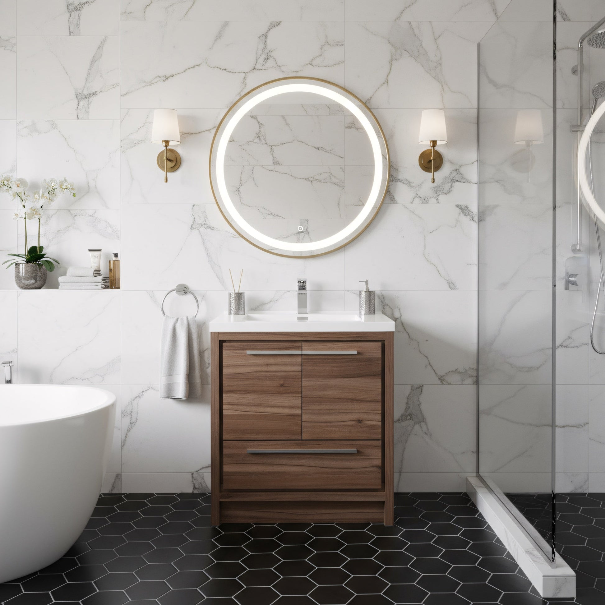 30" Walnut Freestanding Bathroom Vanity with White Polymarble Countertop-Migration_Bathroom Vanities-DECOROLALA