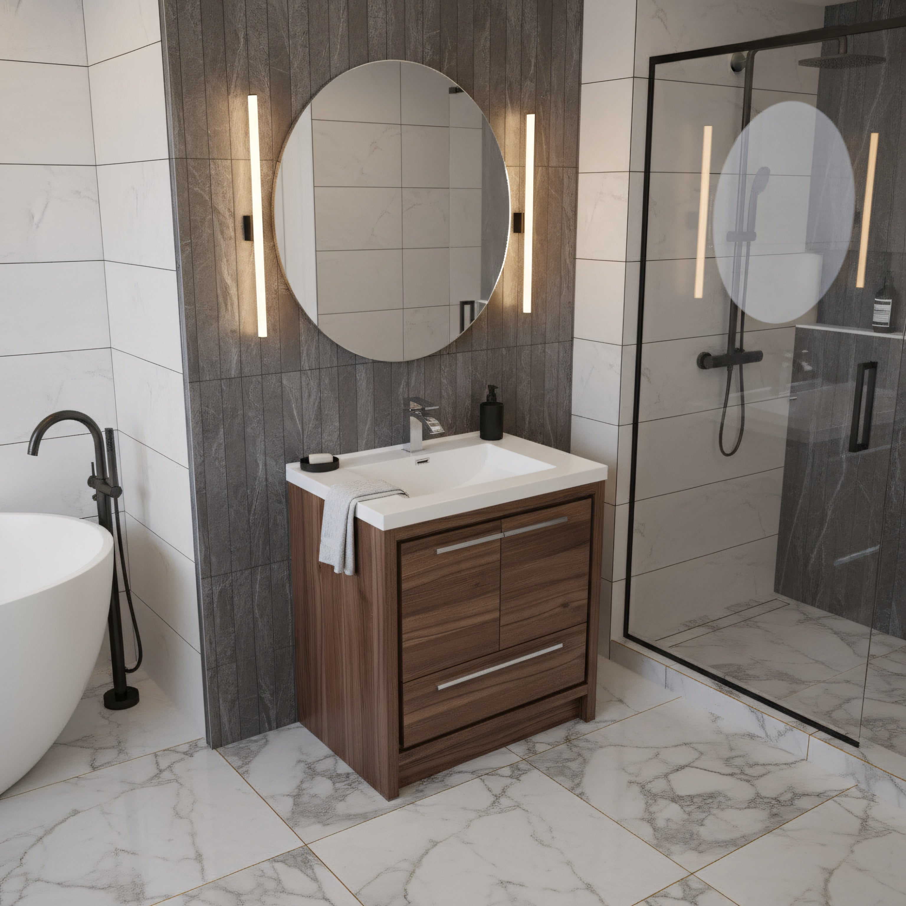 30" Walnut Freestanding Bathroom Vanity with White Polymarble Countertop-Migration_Bathroom Vanities-DECOROLALA