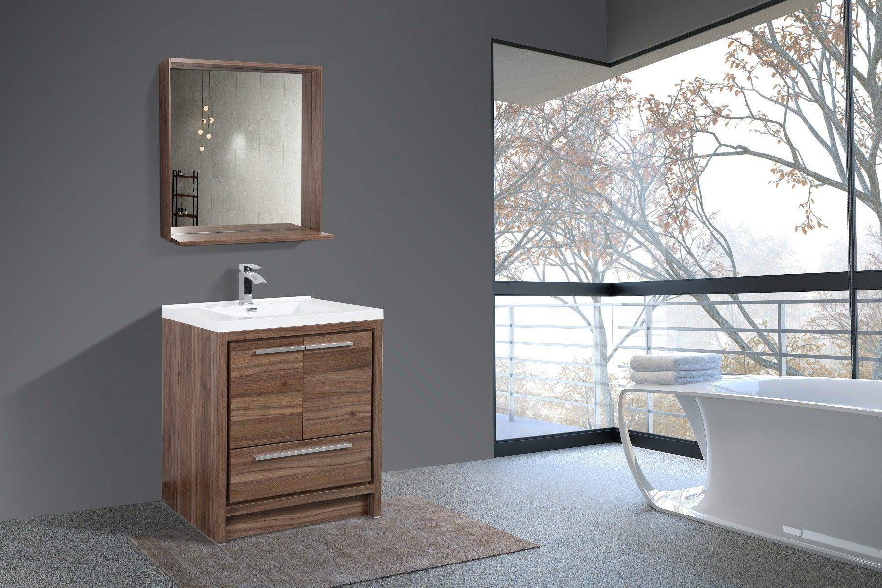 30" Walnut Freestanding Bathroom Vanity with White Polymarble Countertop-Migration_Bathroom Vanities-DECOROLALA