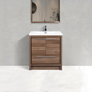 30" Walnut Freestanding Bathroom Vanity with White Polymarble Countertop-Migration_Bathroom Vanities-DECOROLALA