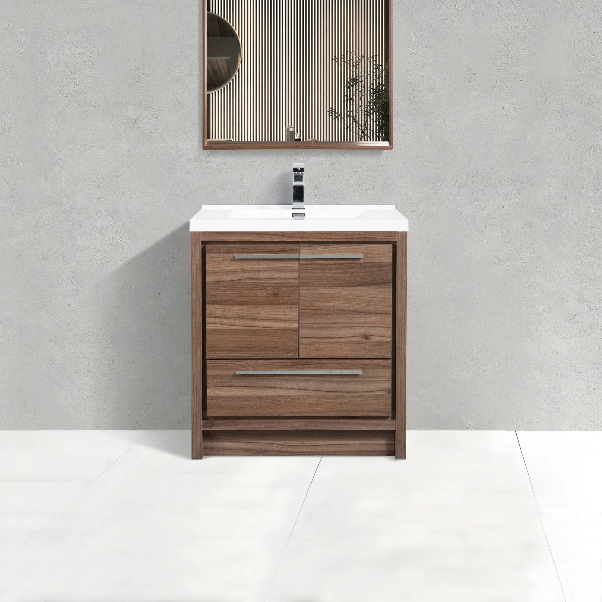 30" Walnut Freestanding Bathroom Vanity with White Polymarble Countertop-Migration_Bathroom Vanities-DECOROLALA