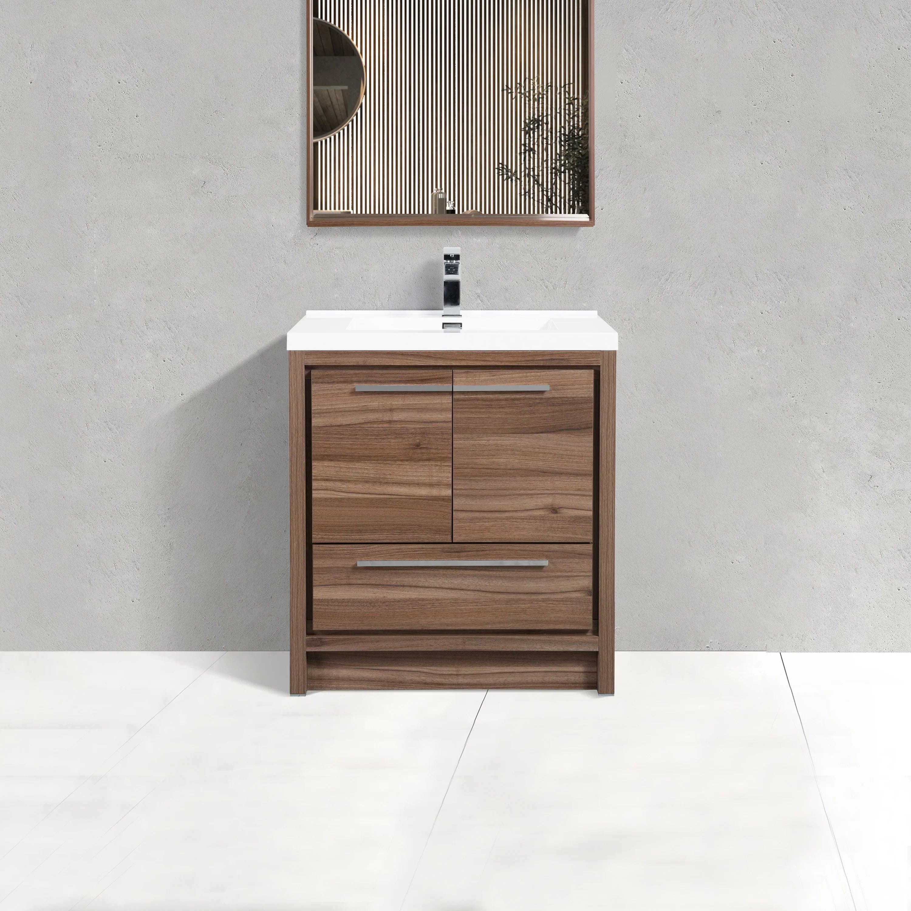 30" Walnut Freestanding Bathroom Vanity with White Polymarble Countertop-Migration_Bathroom Vanities-DECOROLALA
