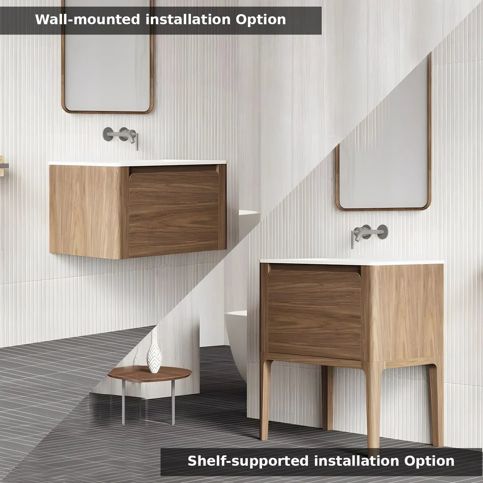 30" Walnut Wall Mount Bathroom Vanity with Matte White Solid Surface Countertop-Migration_Bathroom Vanities-DECOROLALA