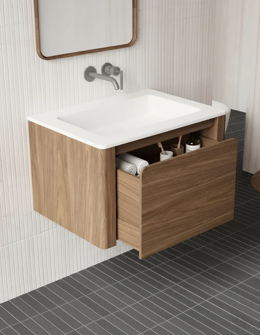 30" Walnut Wall Mount Bathroom Vanity with Matte White Solid Surface Countertop-Migration_Bathroom Vanities-DECOROLALA