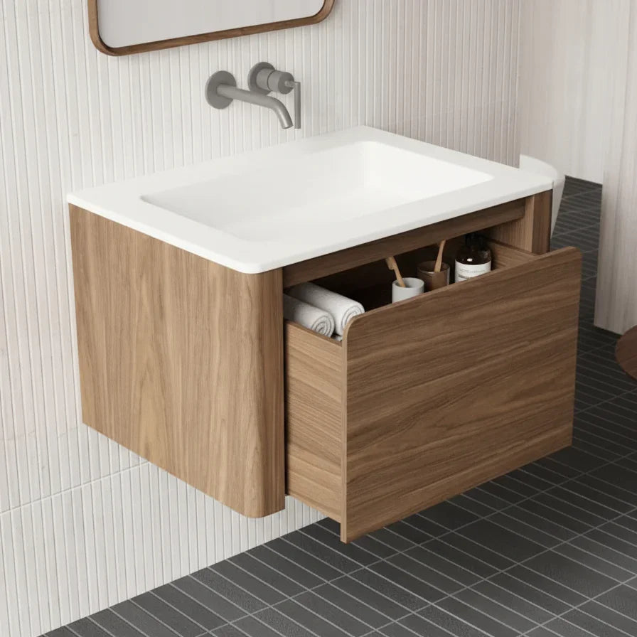 30" Walnut Wall Mount Bathroom Vanity with Matte White Solid Surface Countertop-Migration_Bathroom Vanities-DECOROLALA