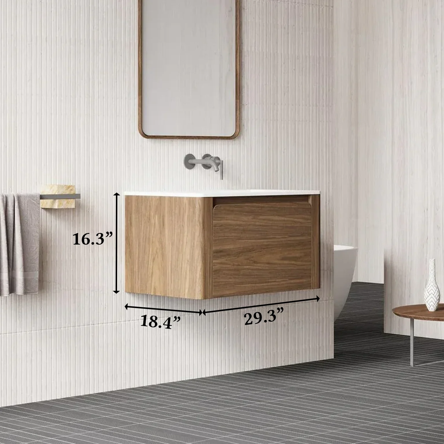 30" Walnut Wall Mount Bathroom Vanity with Matte White Solid Surface Countertop-Migration_Bathroom Vanities-DECOROLALA