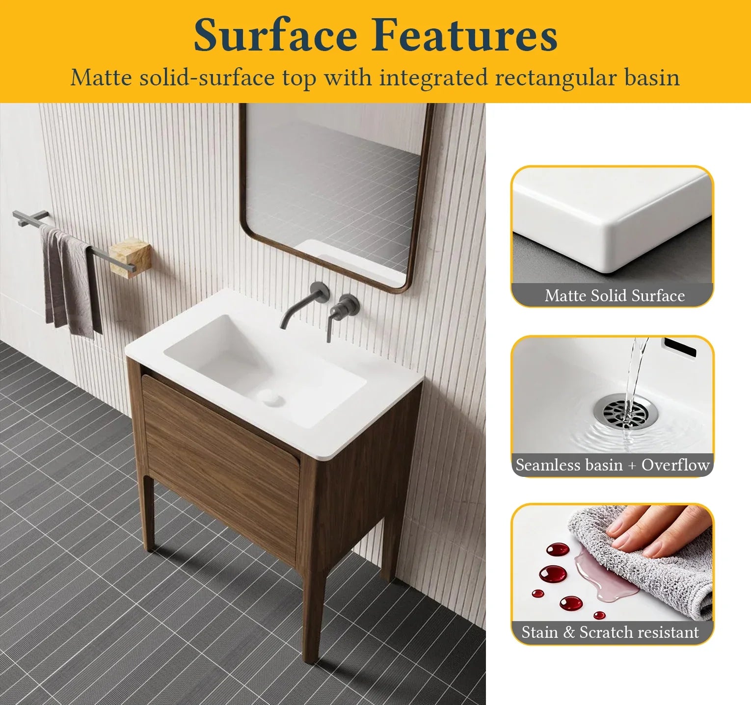 30" Walnut Wall Mount Bathroom Vanity with Matte White Solid Surface Countertop-Migration_Bathroom Vanities-DECOROLALA