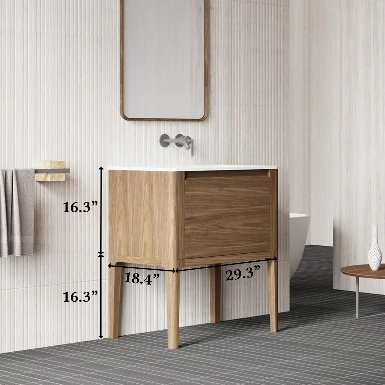 30" Walnut Wall Mount Bathroom Vanity with Matte White Solid Surface Countertop-Migration_Bathroom Vanities-DECOROLALA