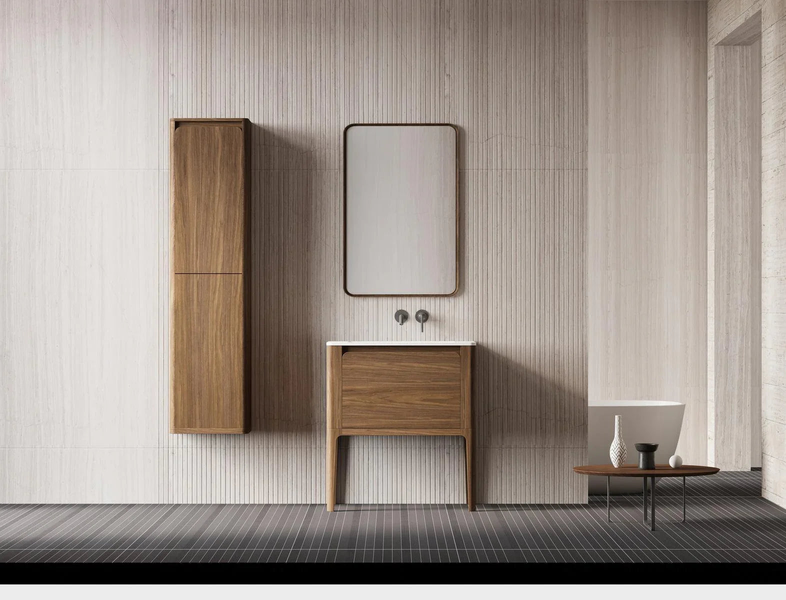 30" Walnut Wall Mount Bathroom Vanity with Matte White Solid Surface Countertop-Migration_Bathroom Vanities-DECOROLALA