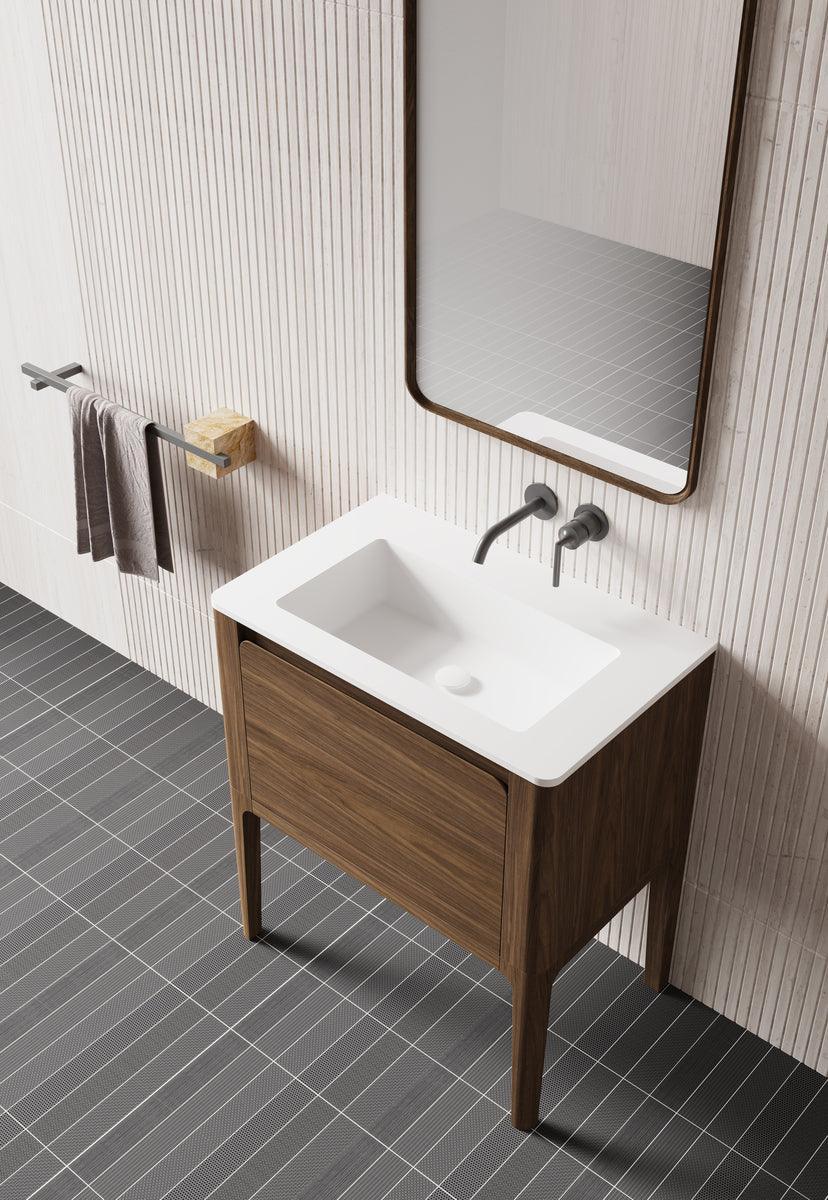 30" Walnut Wall Mount Bathroom Vanity with Matte White Solid Surface Countertop-Migration_Bathroom Vanities-DECOROLALA