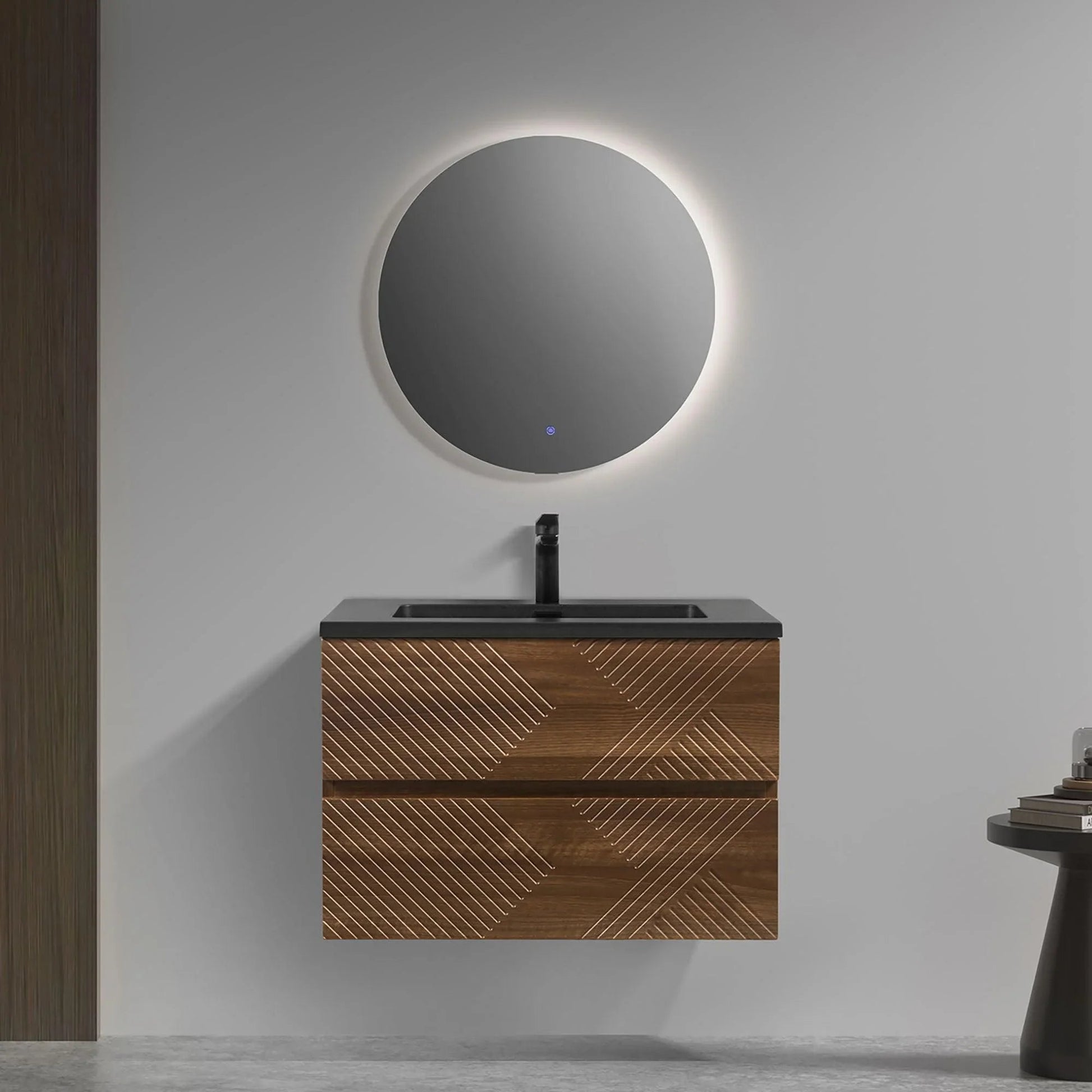 30" Walnut Wall Mount Single Sink Bathroom Vanity with Black Engineered Quartz Countertop-Migration_Bathroom Vanities-DECOROLALA