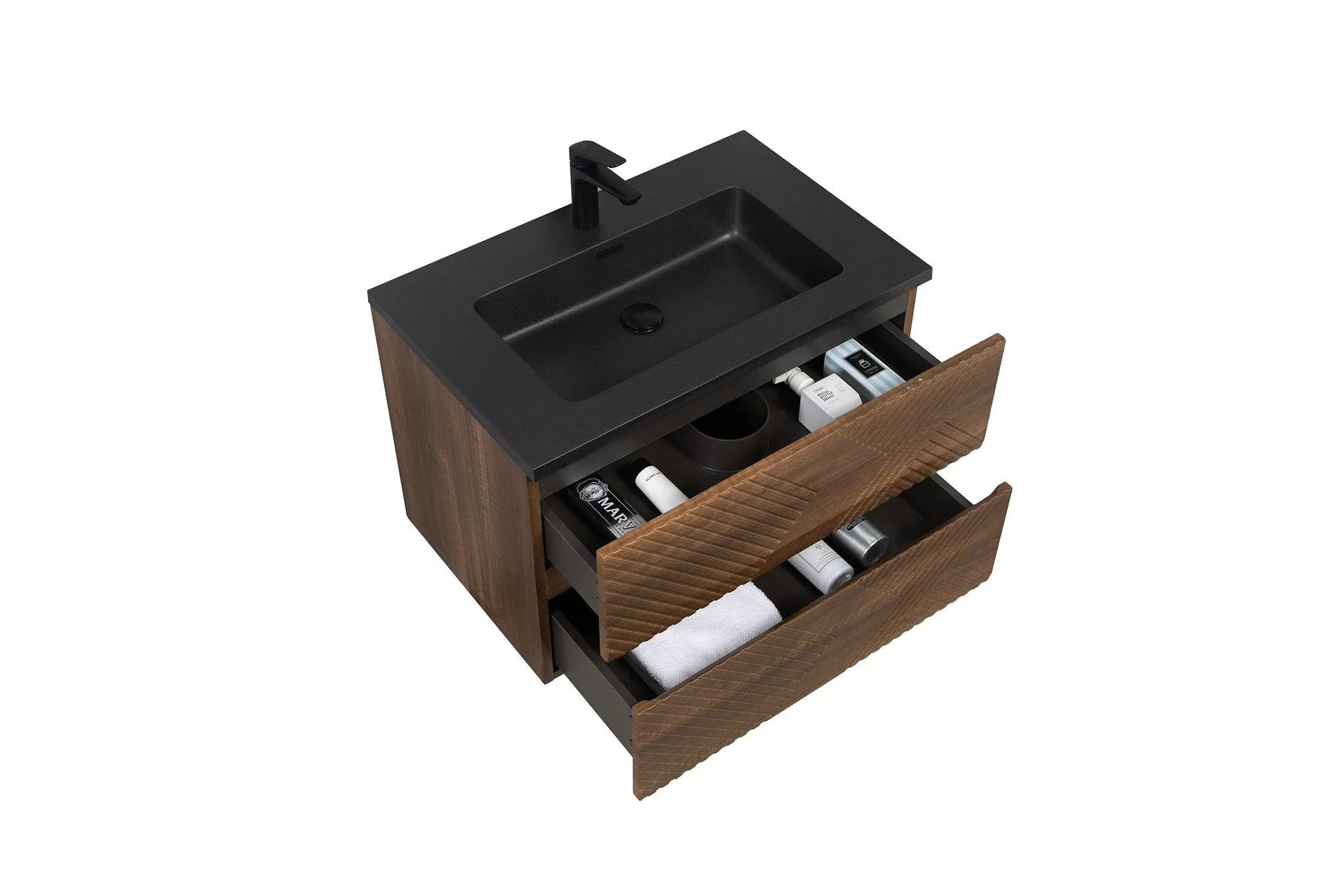 30" Walnut Wall Mount Single Sink Bathroom Vanity with Black Engineered Quartz Countertop-Migration_Bathroom Vanities-DECOROLALA