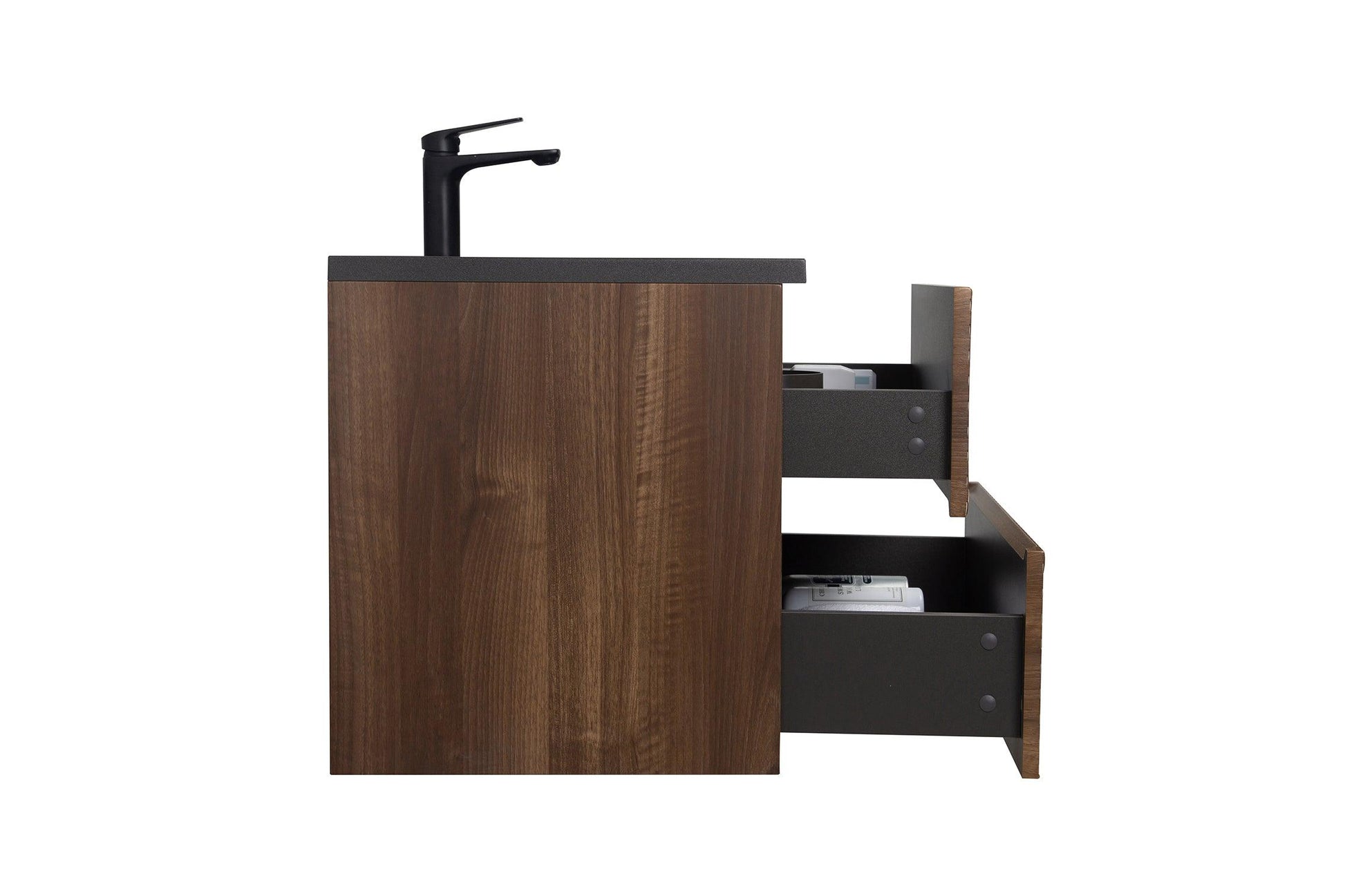 30" Walnut Wall Mount Single Sink Bathroom Vanity with Black Engineered Quartz Countertop-Migration_Bathroom Vanities-DECOROLALA