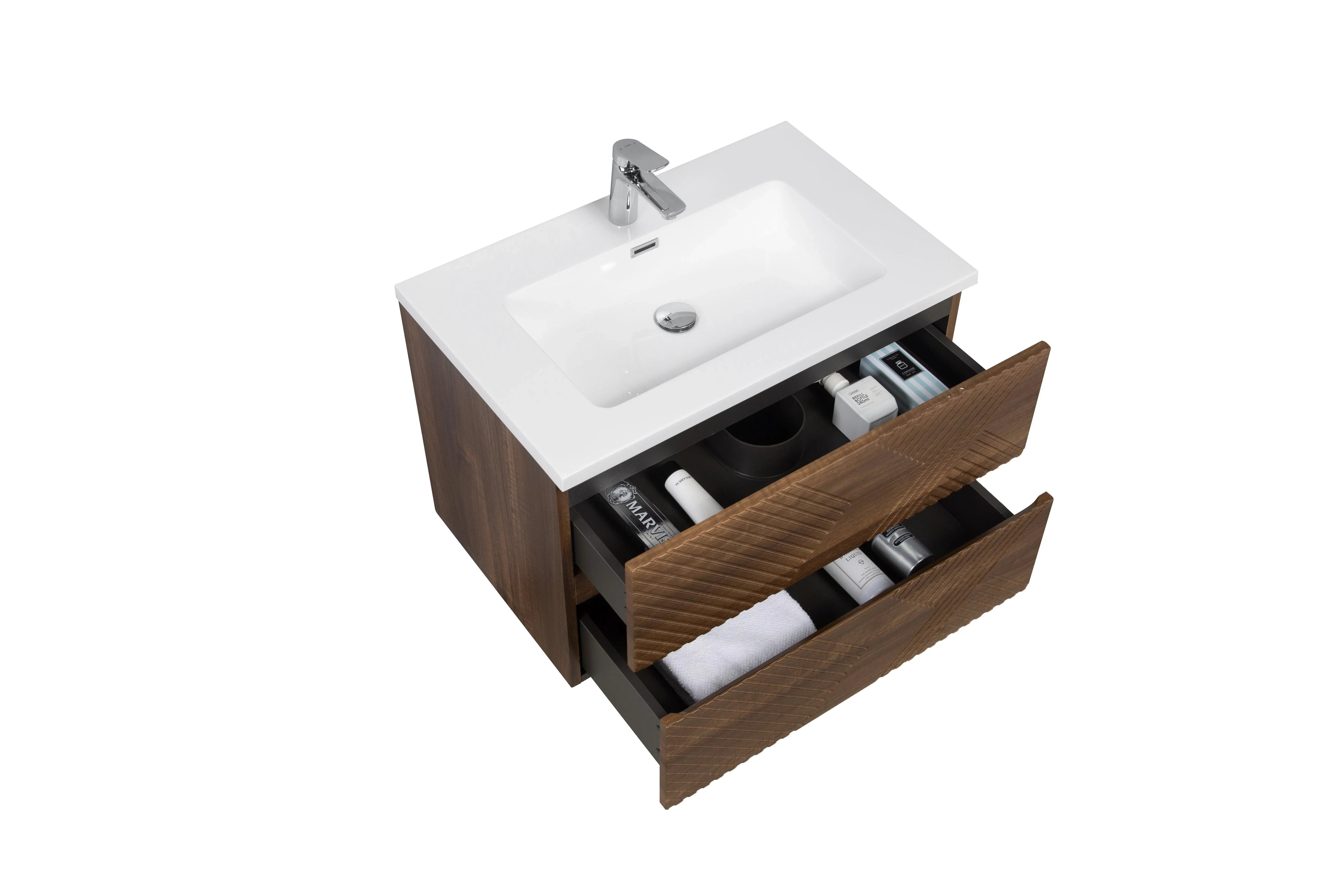 30" Walnut Wall Mount Single Sink Bathroom Vanity with White Polymarble Countertop-Migration_Bathroom Vanities-DECOROLALA