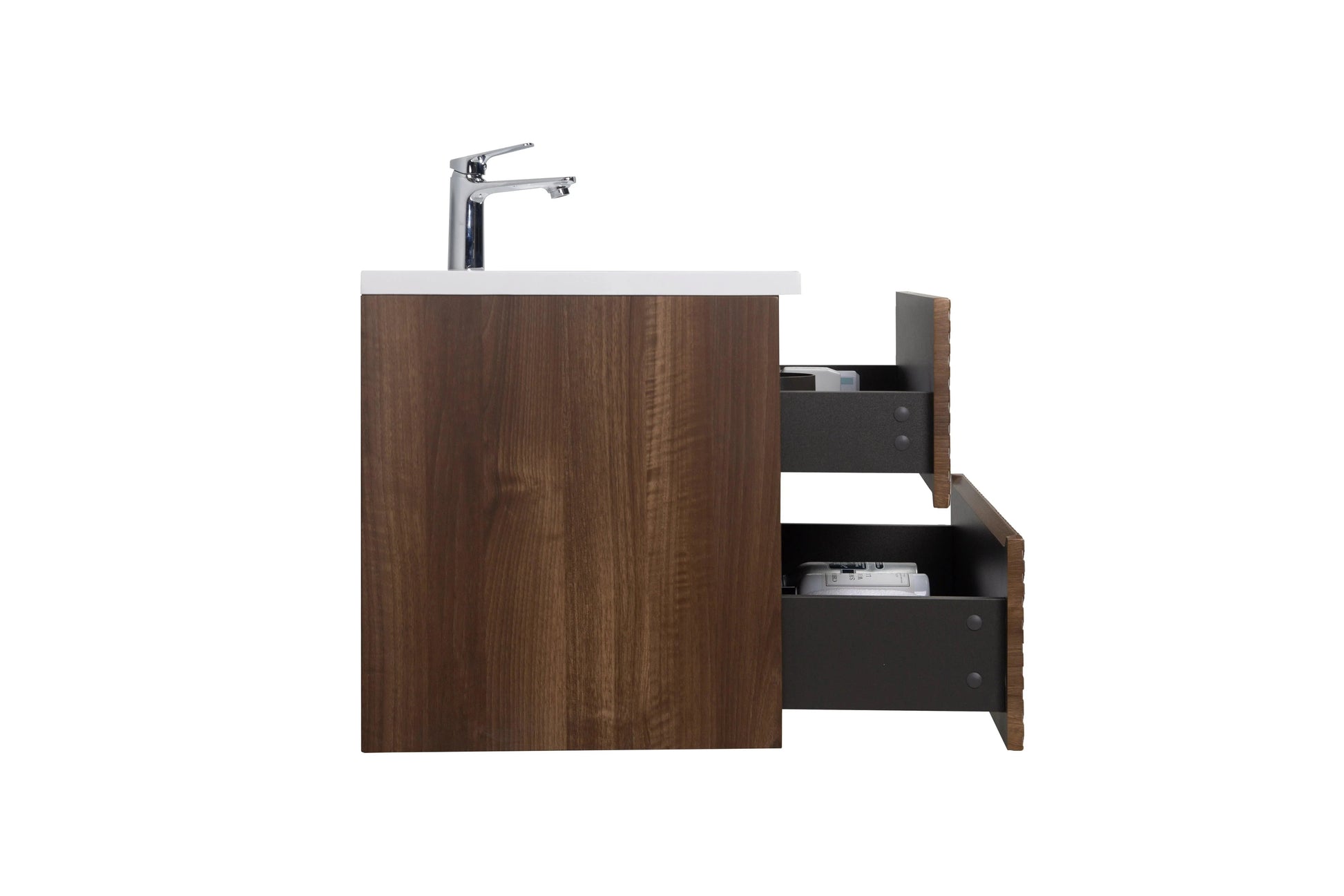30" Walnut Wall Mount Single Sink Bathroom Vanity with White Polymarble Countertop-Migration_Bathroom Vanities-DECOROLALA