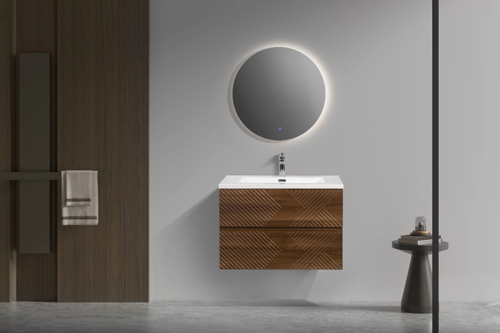 30" Walnut Wall Mount Single Sink Bathroom Vanity with White Polymarble Countertop-Migration_Bathroom Vanities-DECOROLALA