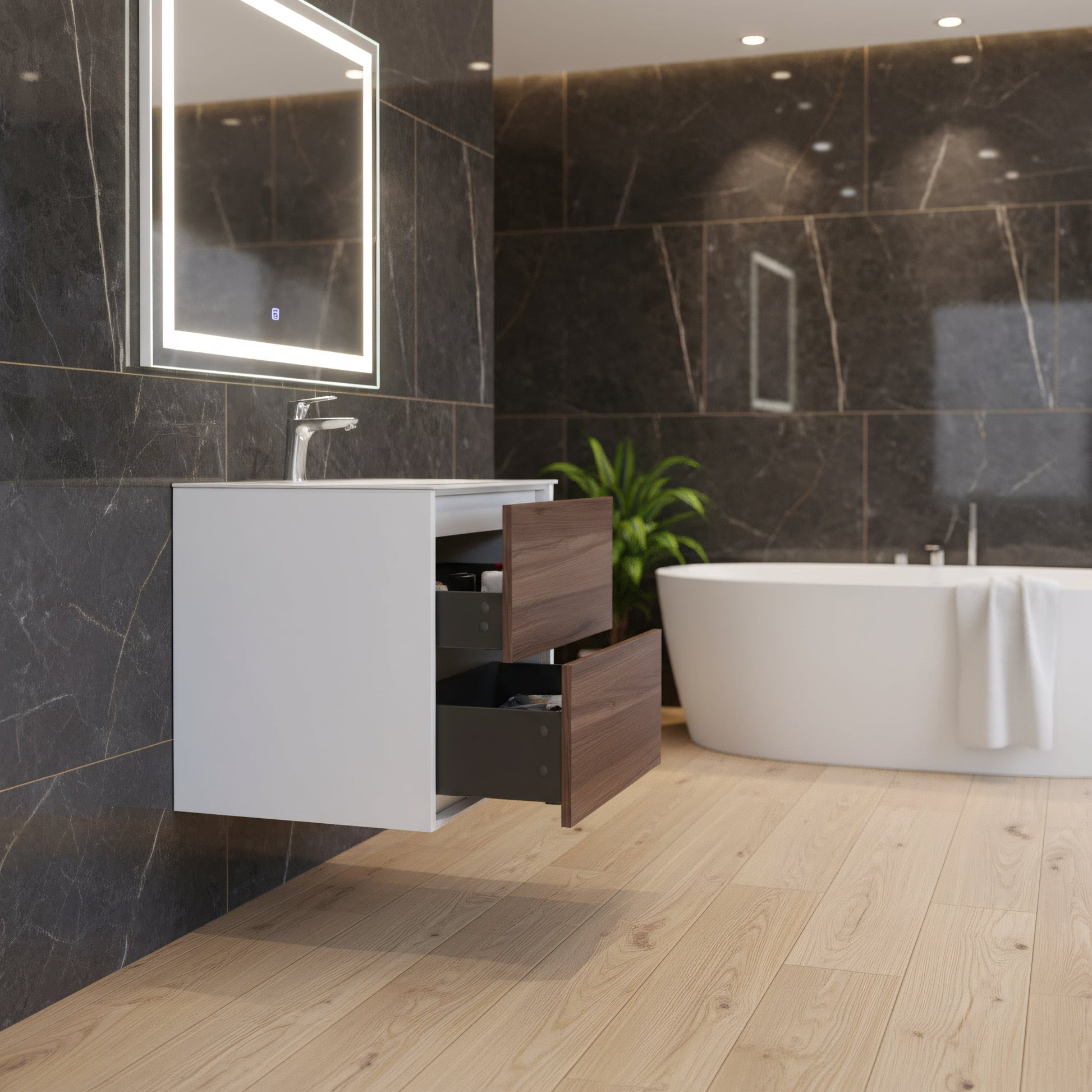 30" Walnut Wall Mount Vanity with White Polymarble Countertop-Migration_Bathroom Vanities-DECOROLALA