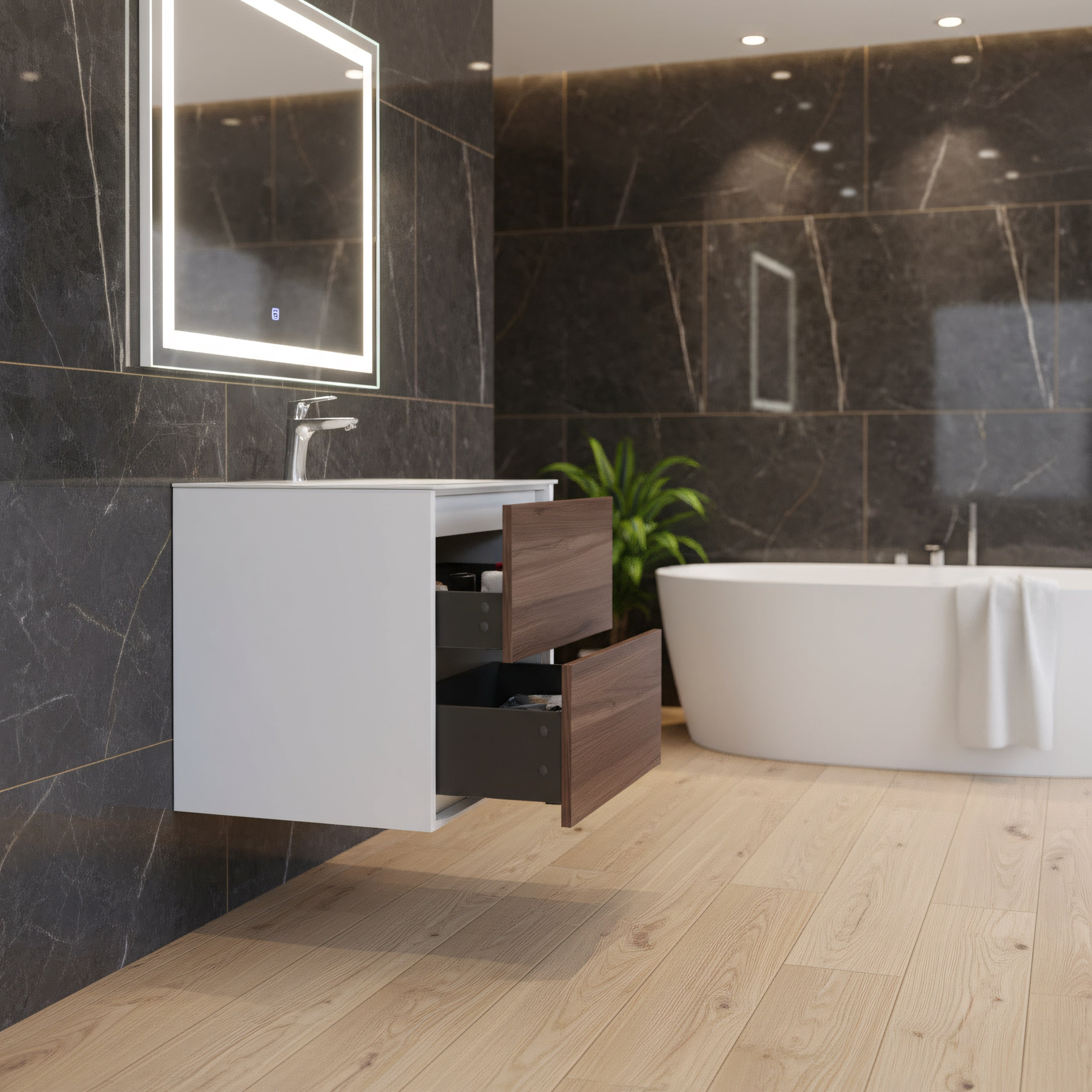 30" Walnut Wall Mount Vanity with White Polymarble Countertop-Migration_Bathroom Vanities-DECOROLALA