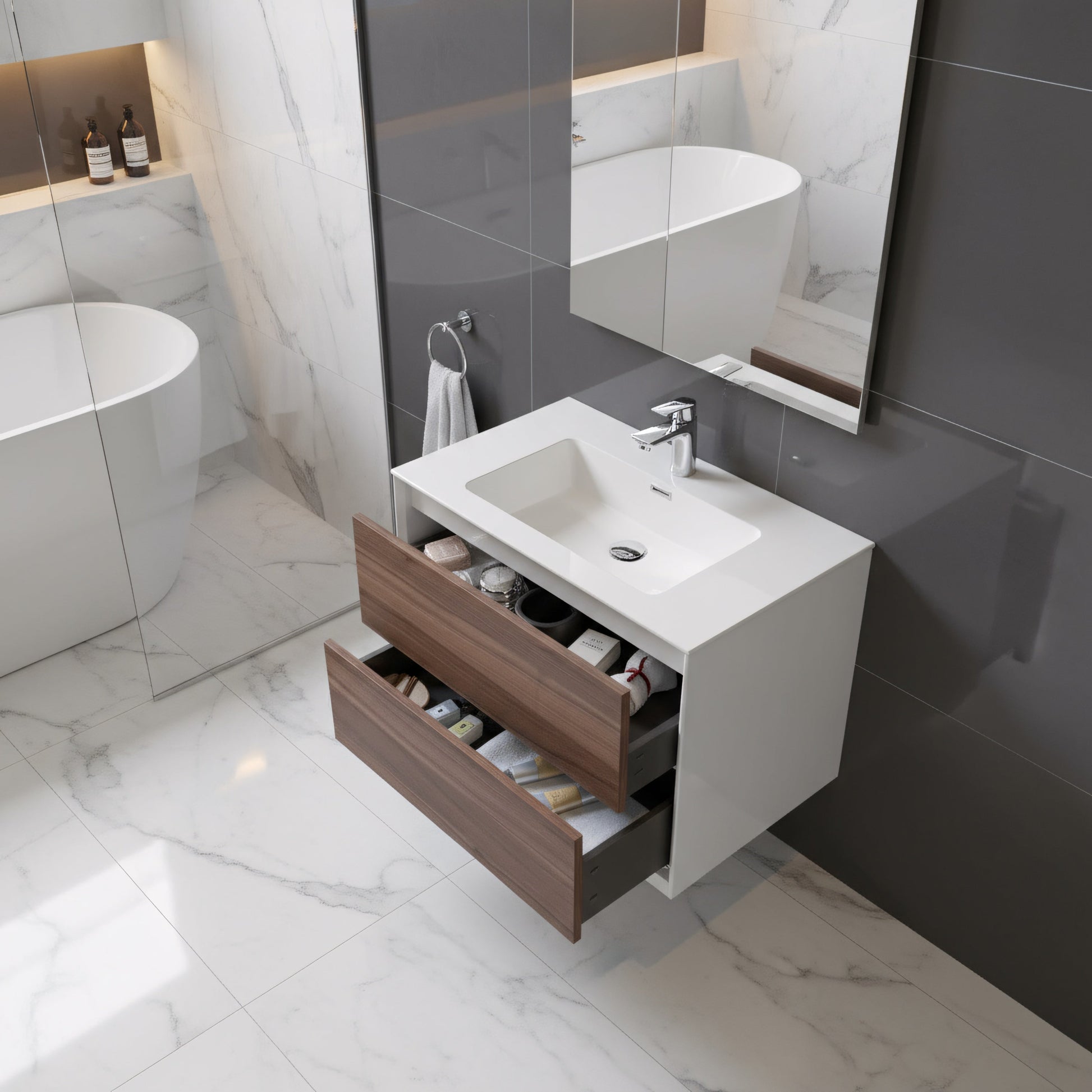 30" Walnut Wall Mount Vanity with White Polymarble Countertop-Migration_Bathroom Vanities-DECOROLALA