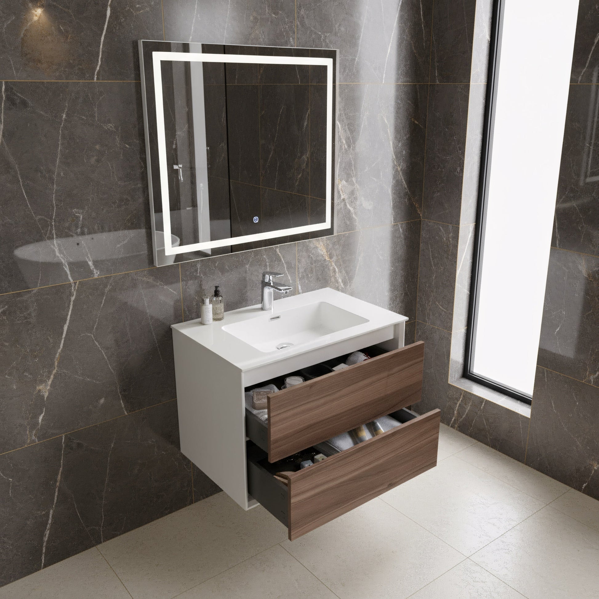 30" Walnut Wall Mount Vanity with White Polymarble Countertop-Migration_Bathroom Vanities-DECOROLALA