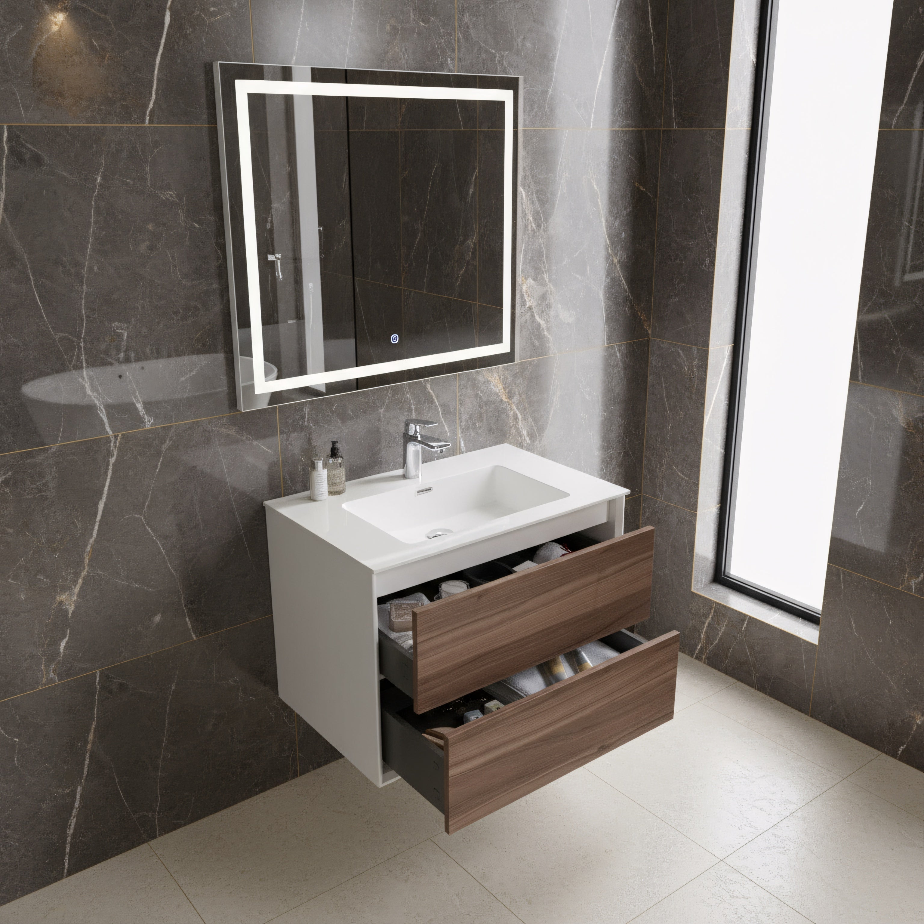 30" Walnut Wall Mount Vanity with White Polymarble Countertop-Migration_Bathroom Vanities-DECOROLALA