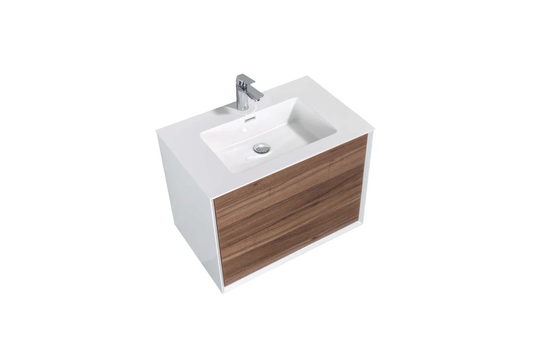 30" Walnut Wall Mount Vanity with White Polymarble Countertop-Migration_Bathroom Vanities-DECOROLALA
