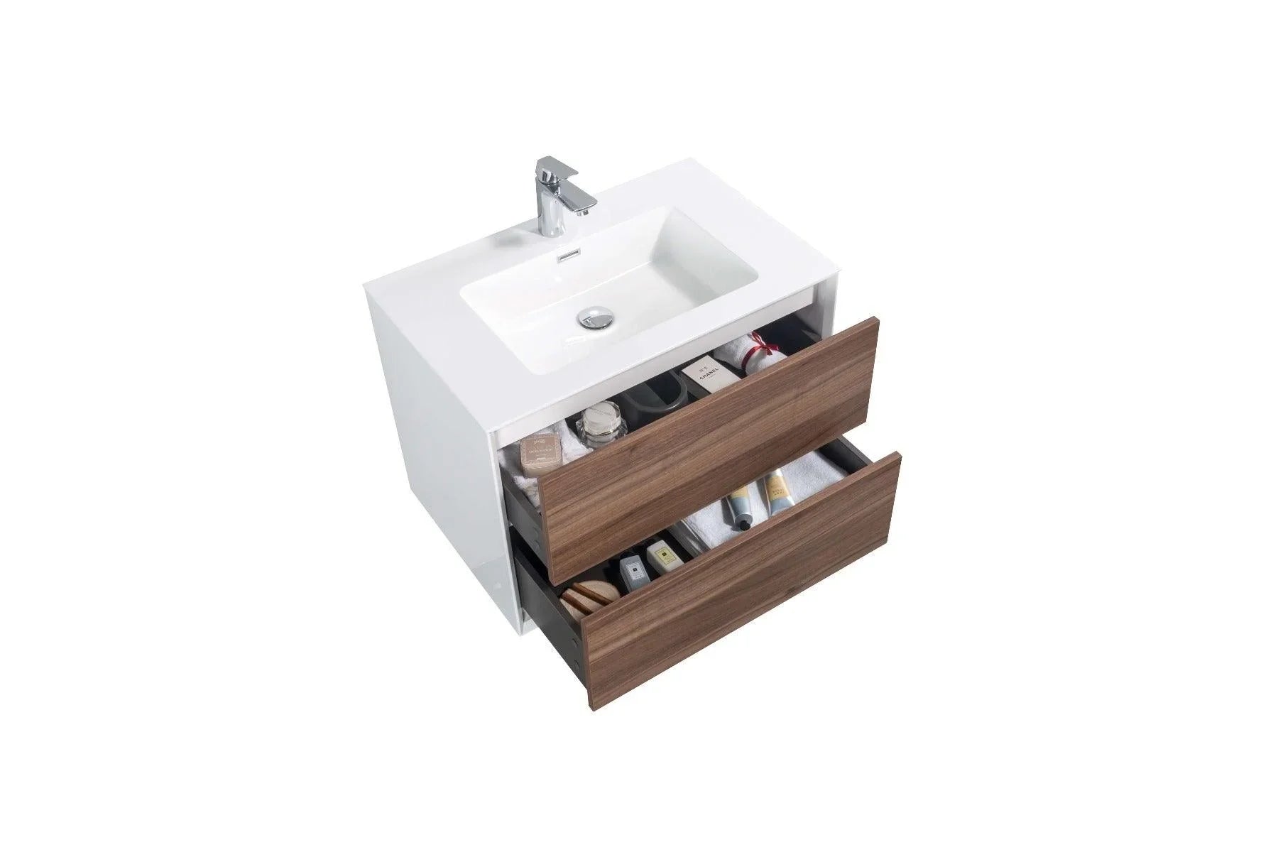 30" Walnut Wall Mount Vanity with White Polymarble Countertop-Migration_Bathroom Vanities-DECOROLALA