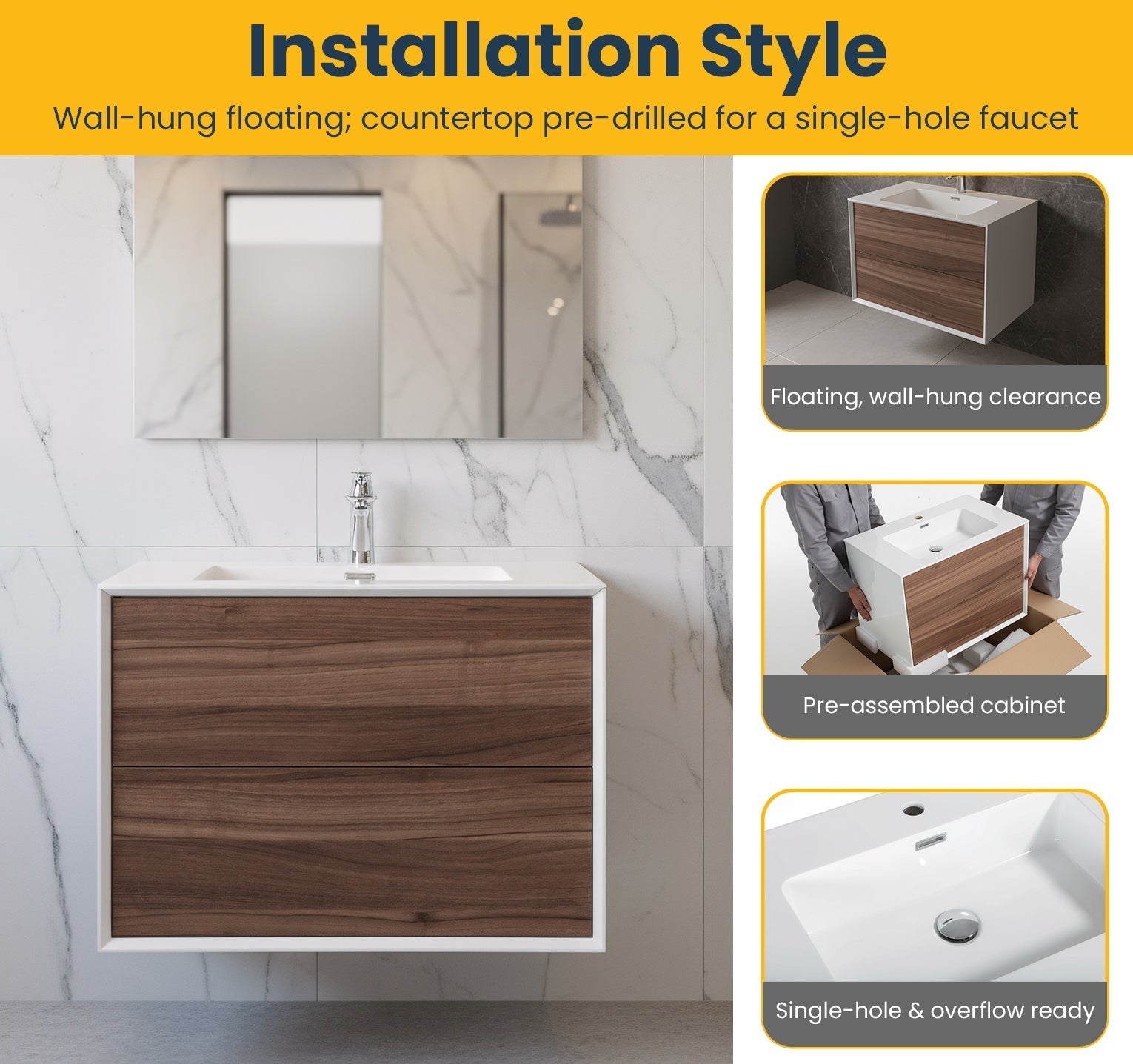 30" Walnut Wall Mount Vanity with White Polymarble Countertop-Migration_Bathroom Vanities-DECOROLALA