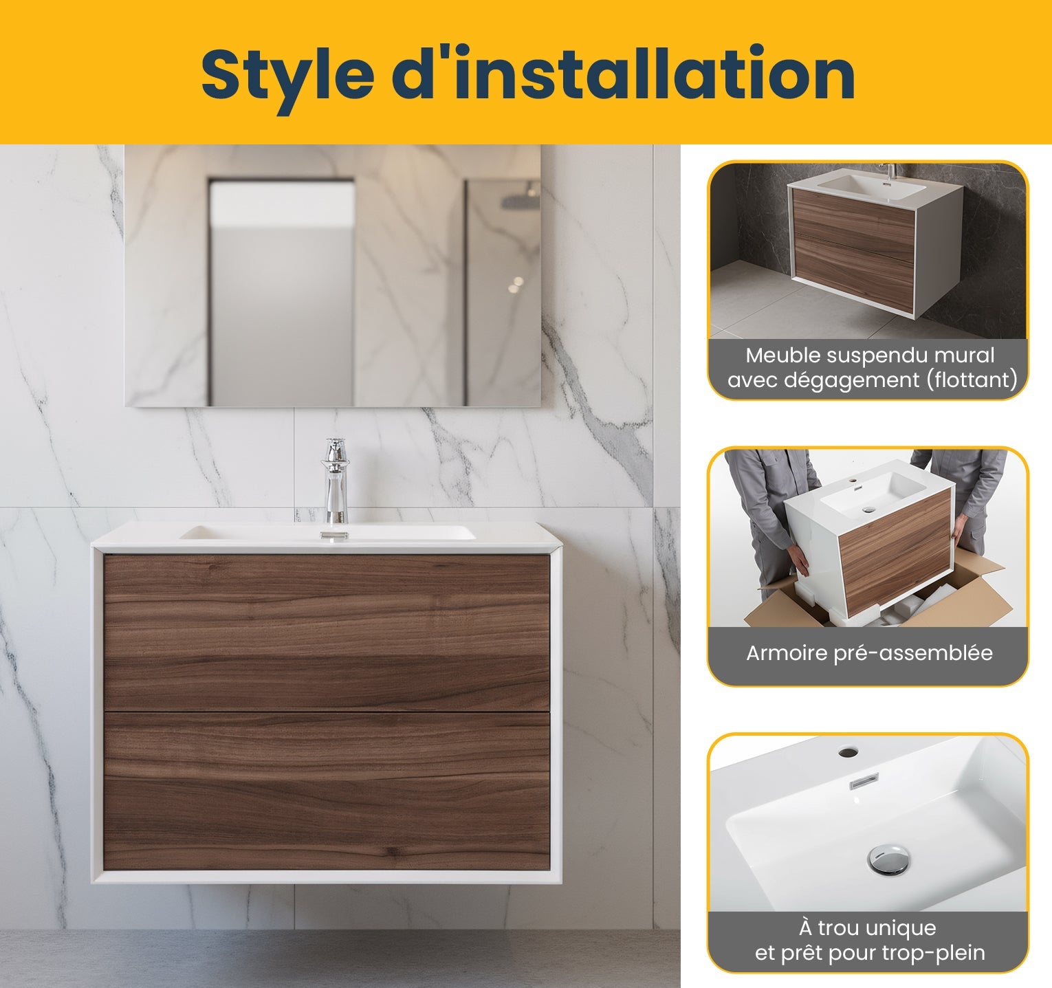 30" Walnut Wall Mount Vanity with White Polymarble Countertop-Migration_Bathroom Vanities-DECOROLALA