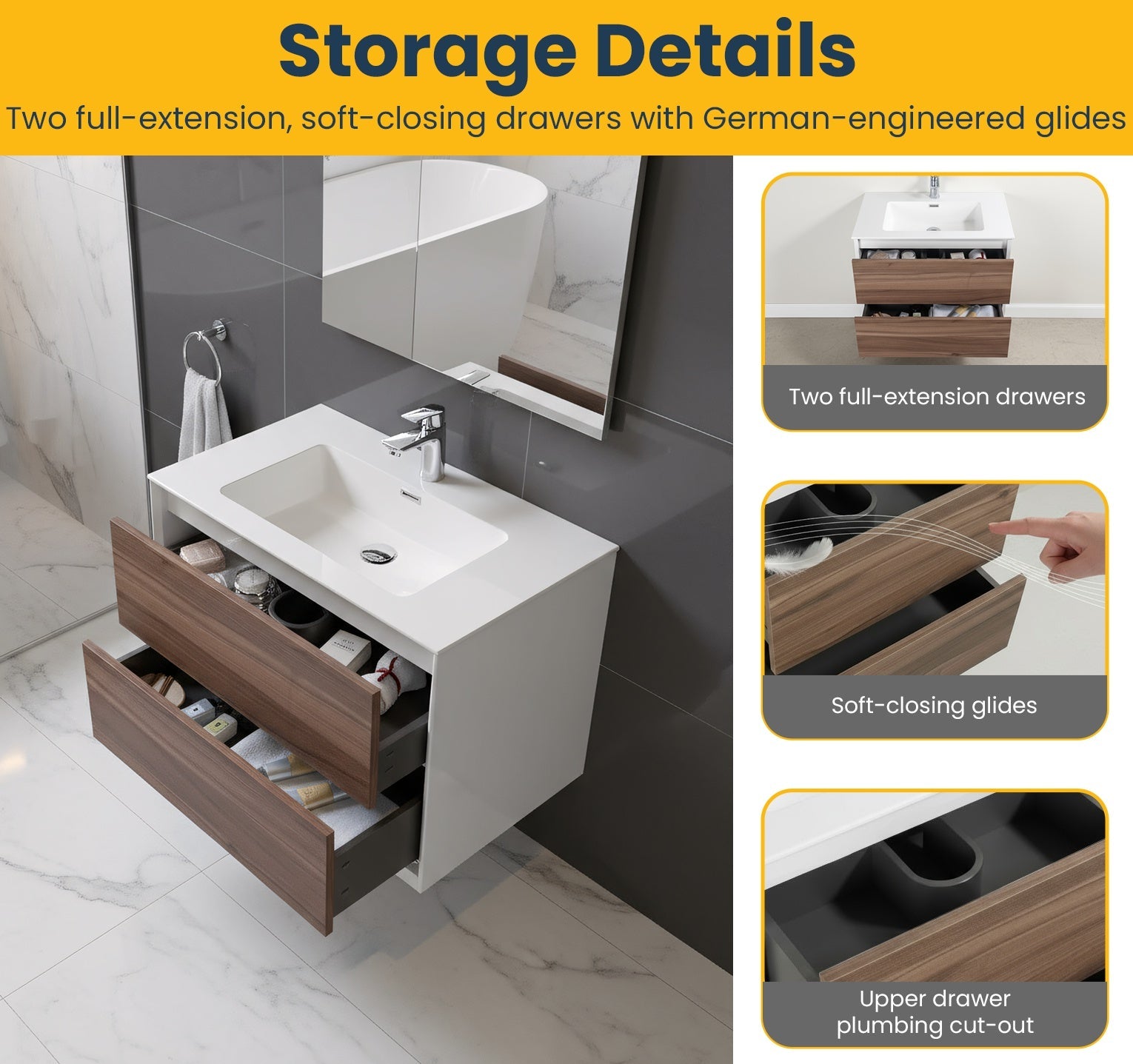 30" Walnut Wall Mount Vanity with White Polymarble Countertop-Migration_Bathroom Vanities-DECOROLALA