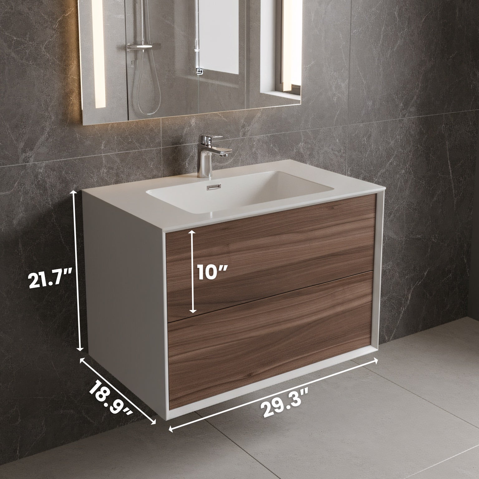 30" Walnut Wall Mount Vanity with White Polymarble Countertop-Migration_Bathroom Vanities-DECOROLALA