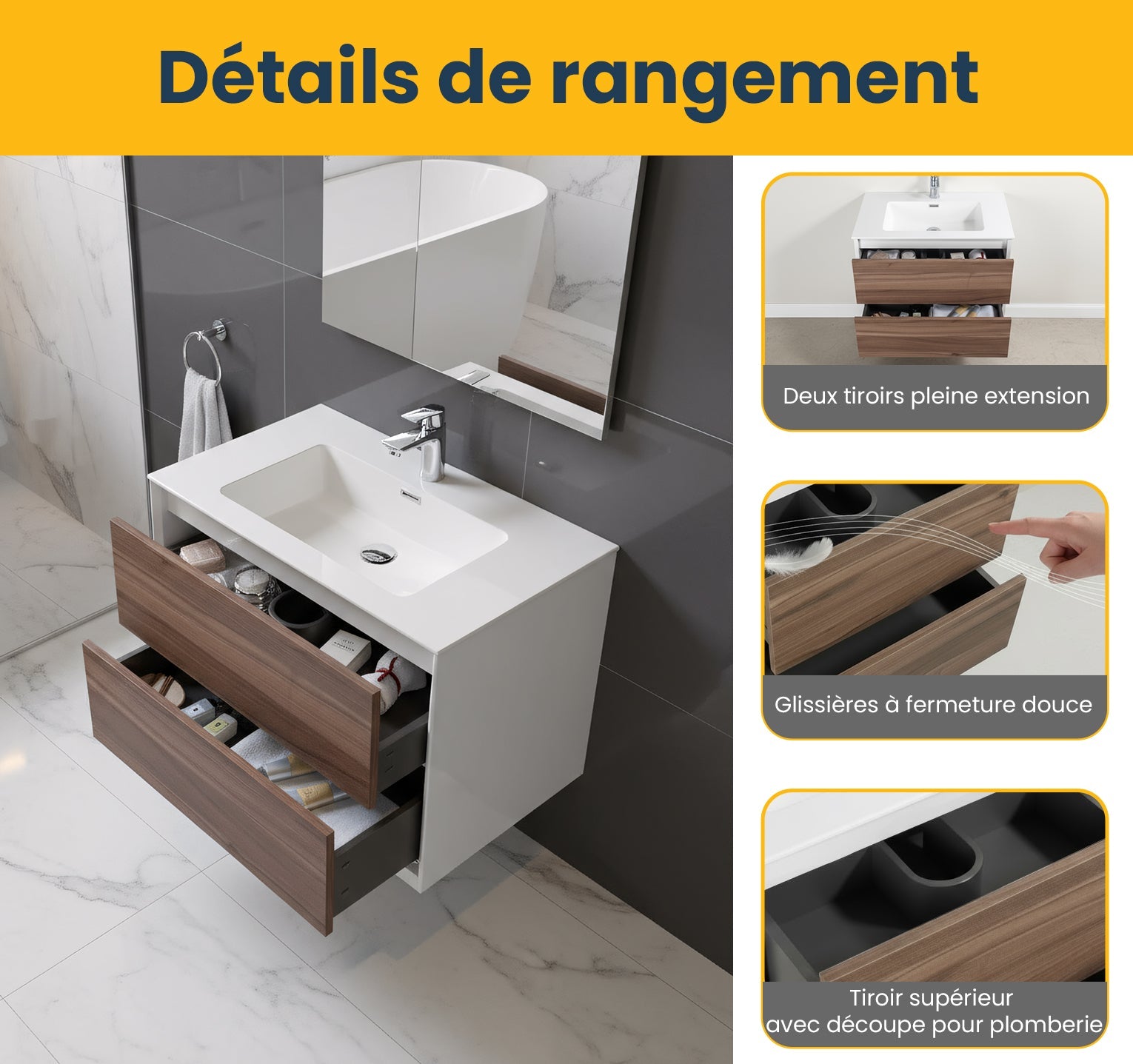 30" Walnut Wall Mount Vanity with White Polymarble Countertop-Migration_Bathroom Vanities-DECOROLALA