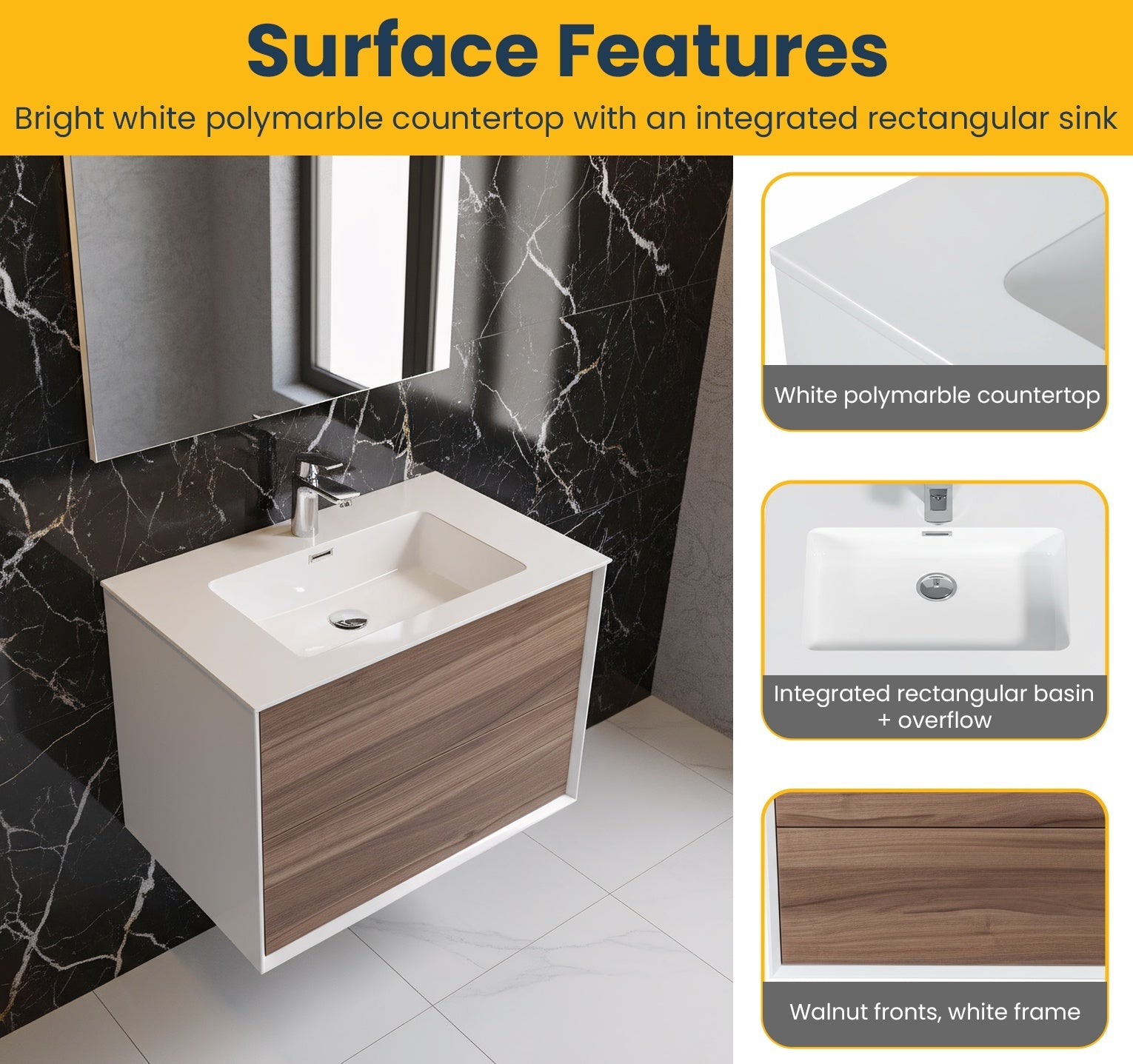 30" Walnut Wall Mount Vanity with White Polymarble Countertop-Migration_Bathroom Vanities-DECOROLALA