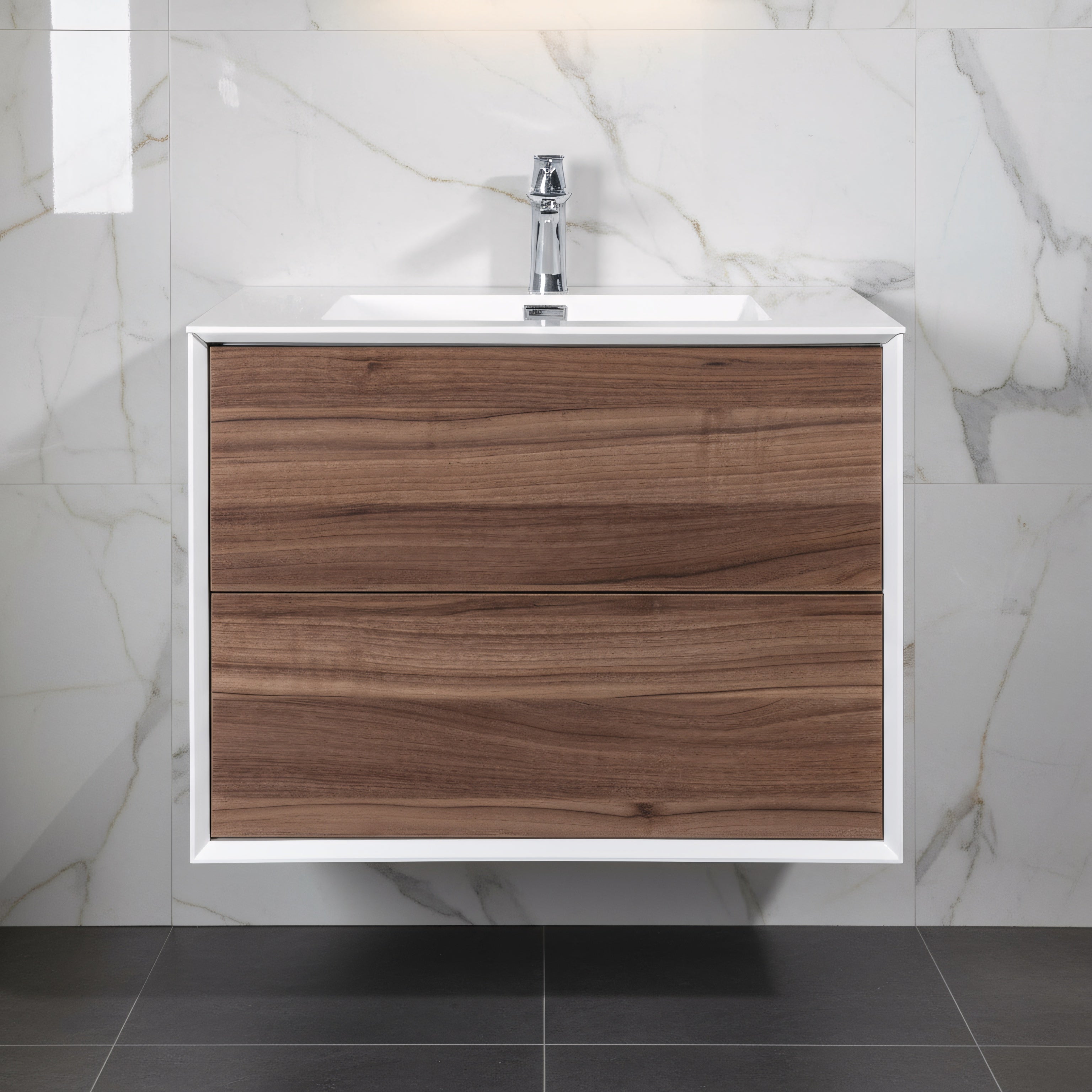 30" Walnut Wall Mount Vanity with White Polymarble Countertop-Migration_Bathroom Vanities-DECOROLALA