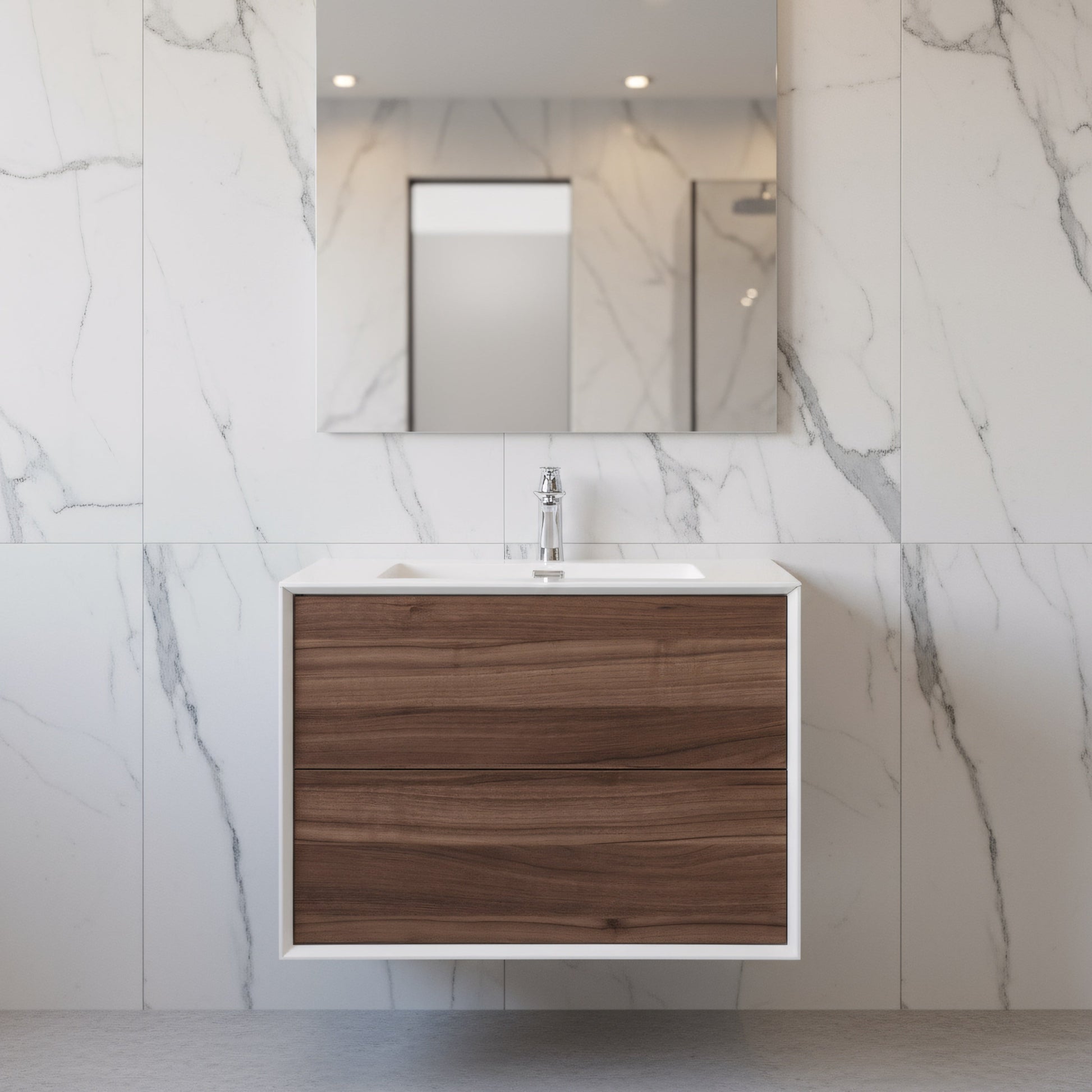 30" Walnut Wall Mount Vanity with White Polymarble Countertop-Migration_Bathroom Vanities-DECOROLALA