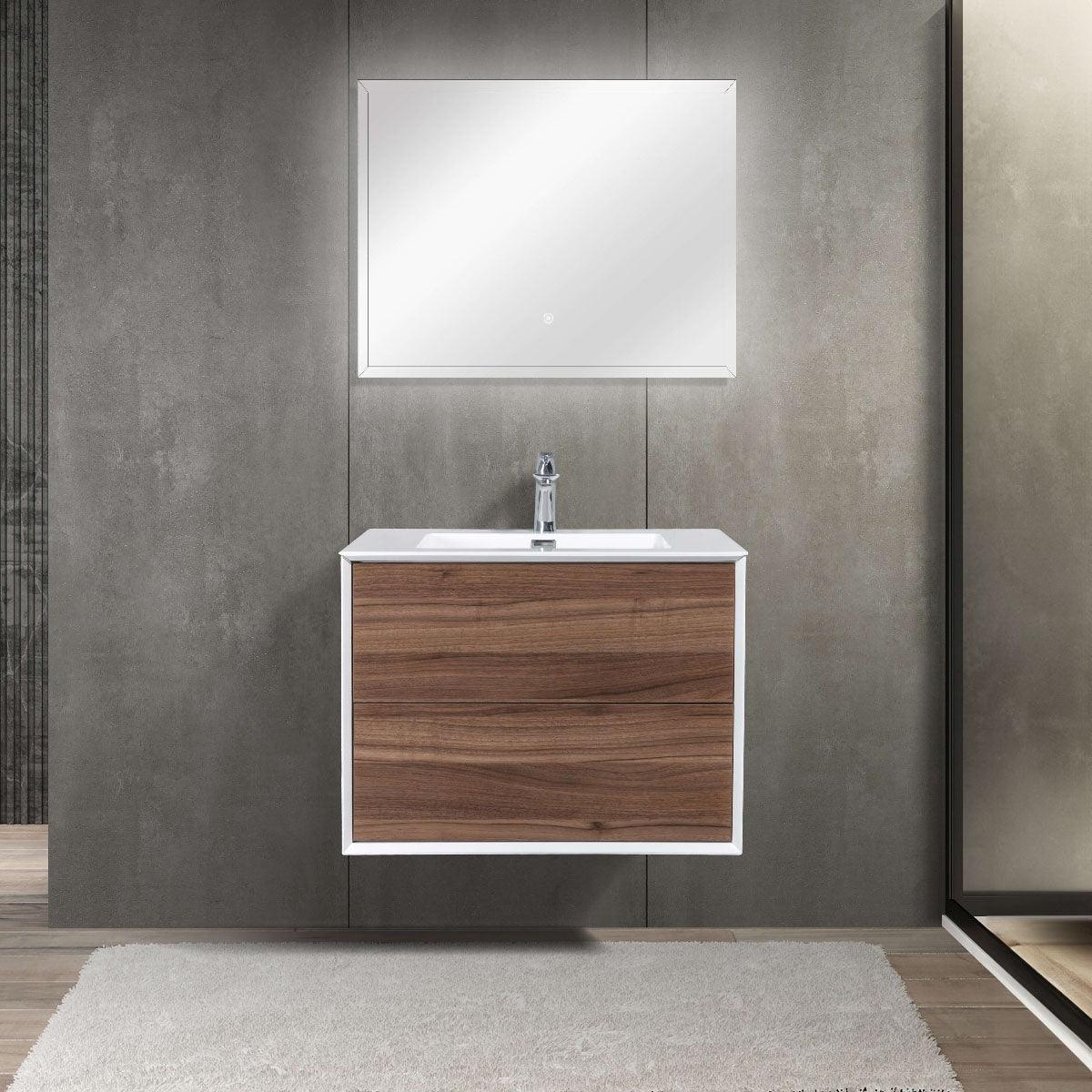 30" Walnut Wall Mount Vanity with White Polymarble Countertop-Migration_Bathroom Vanities-DECOROLALA